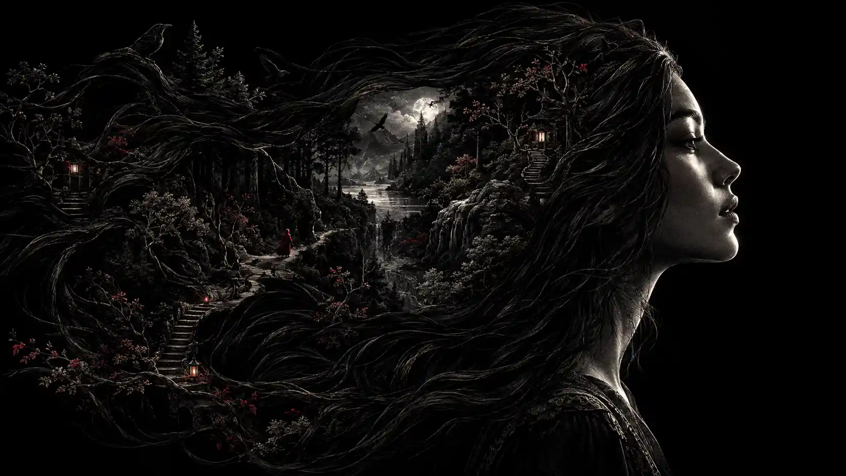 I capelli fluenti di una donna diventano una foresta nascosta su uno sfondo nero