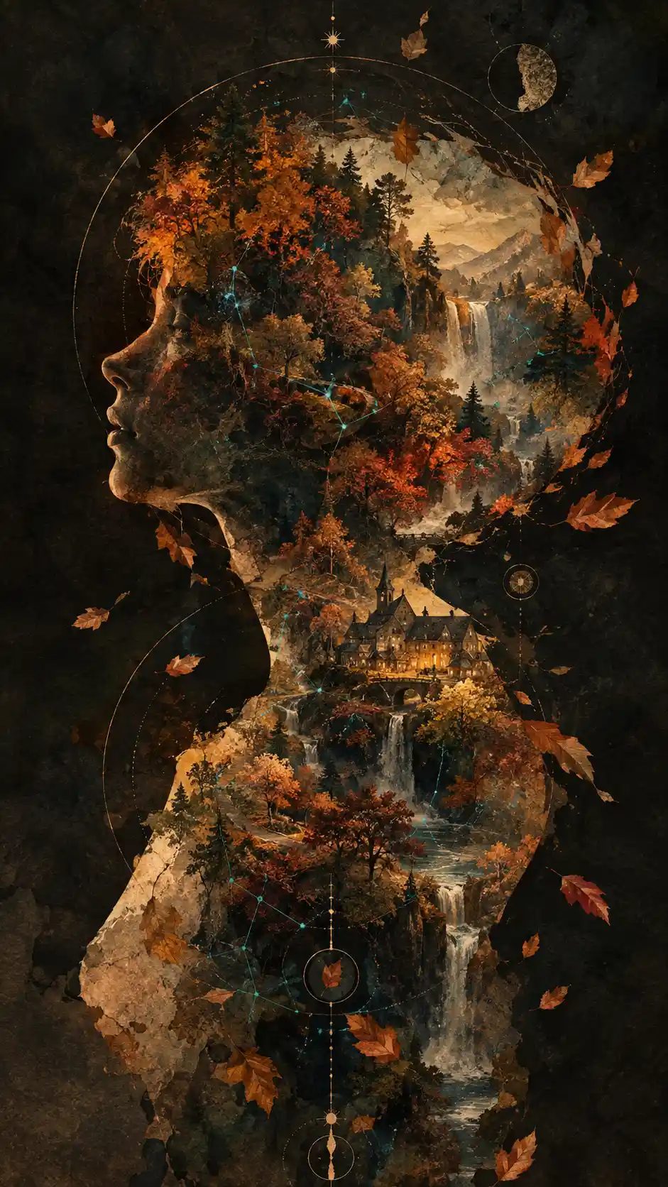 Androgyne Profilsilhouette mit einem winzigen Herbstwald im Inneren