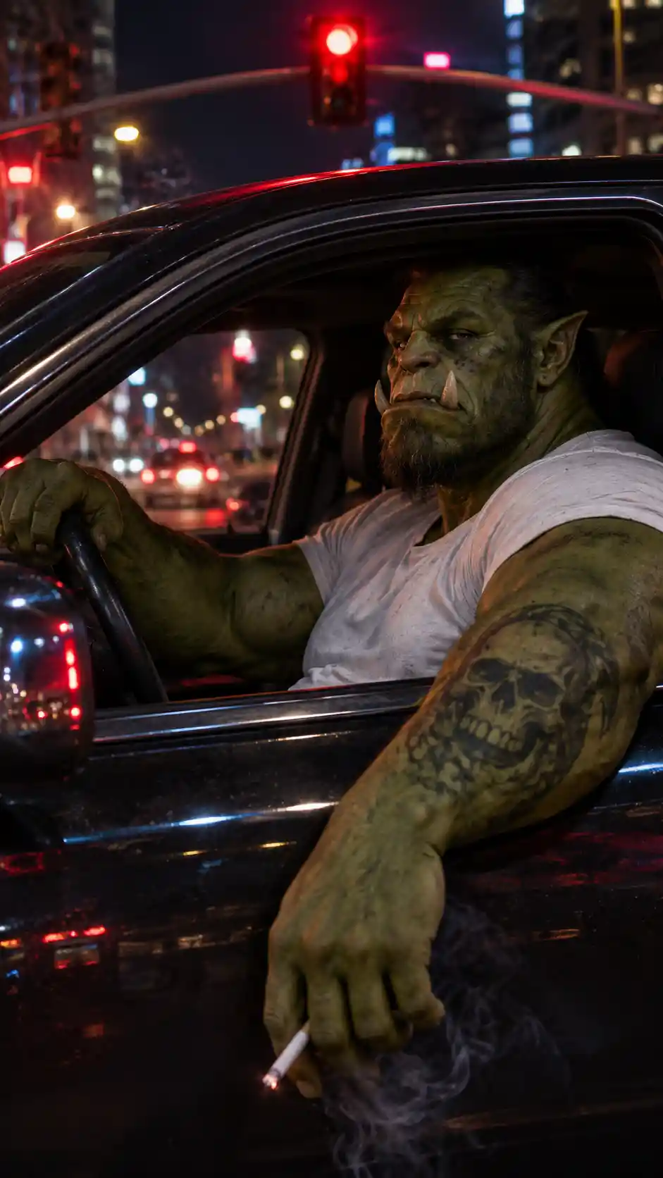 A muscular green orc sits behind the wheel at a red light