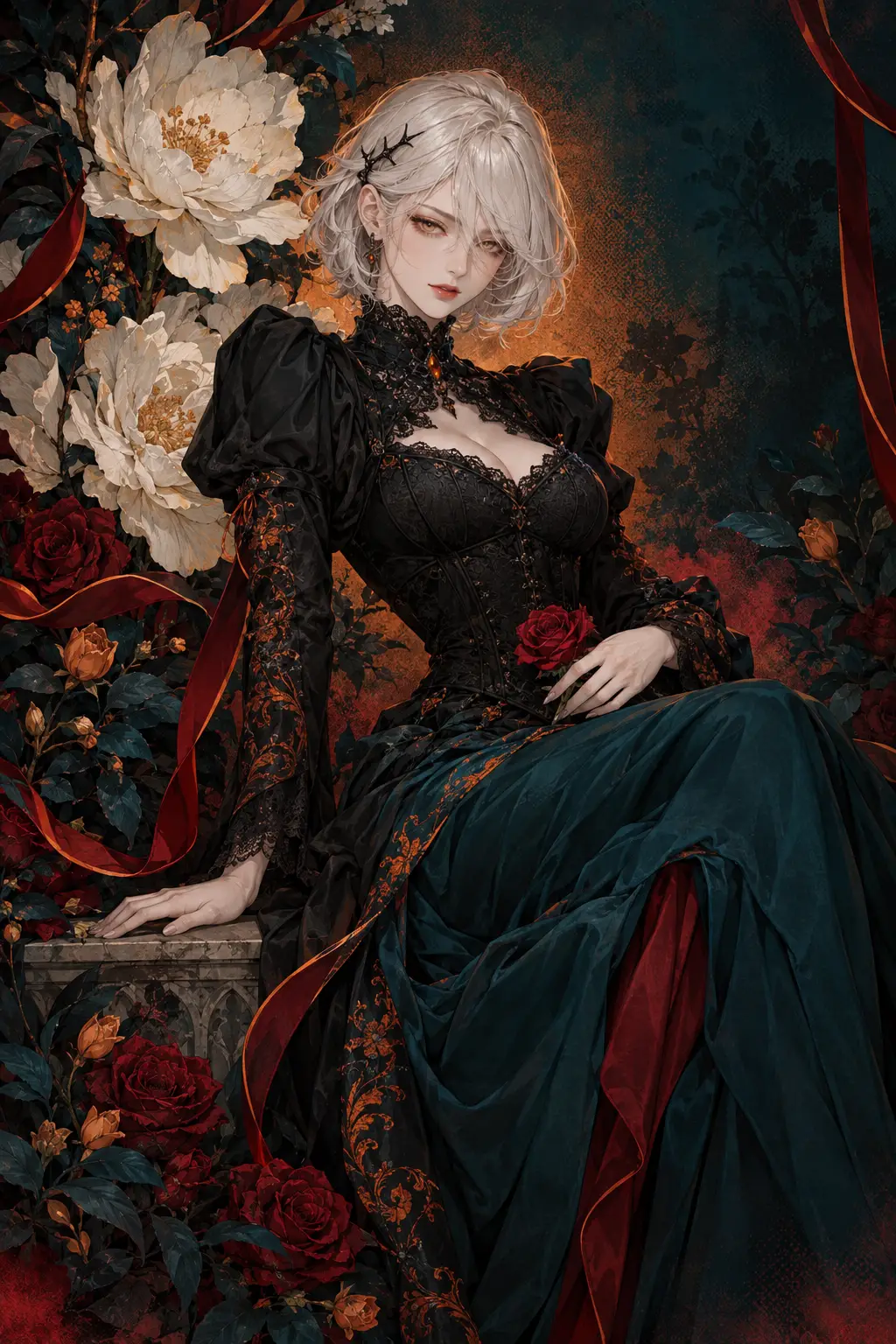 Donna gotica tra fiori color avorio e rose cremisi