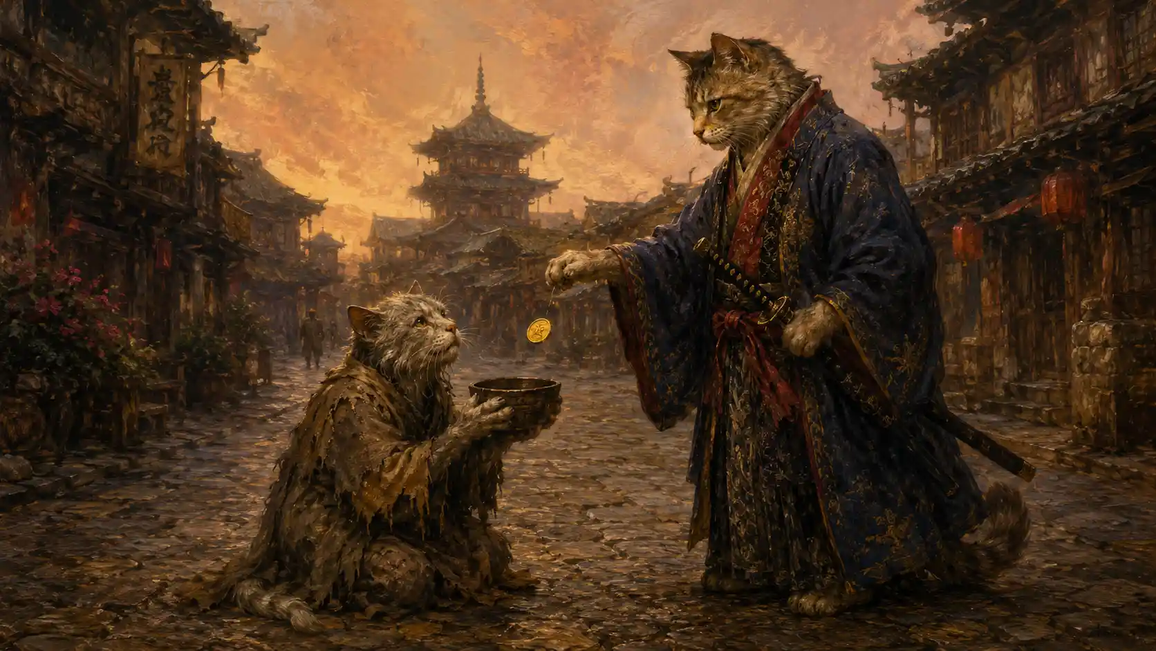 A Ragged Old Cat Holds an Alms Cup With Tired Eyes