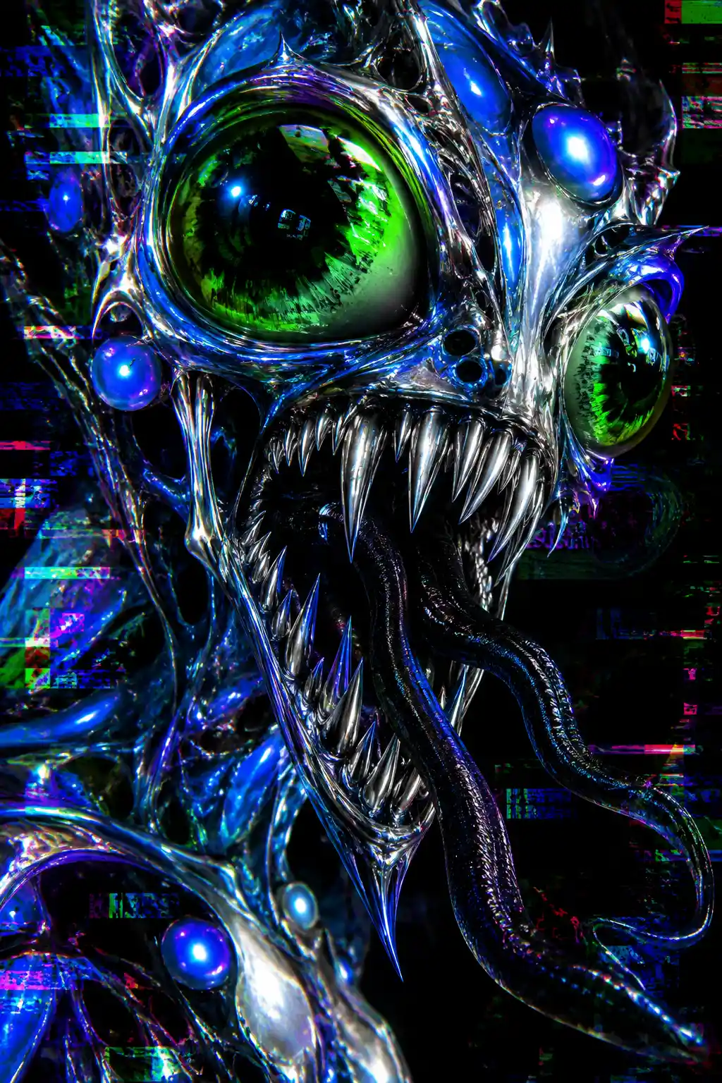 A Grotesque Alien Monster With Green Eyes, Metal Fangs, And Serpentlike Tongues