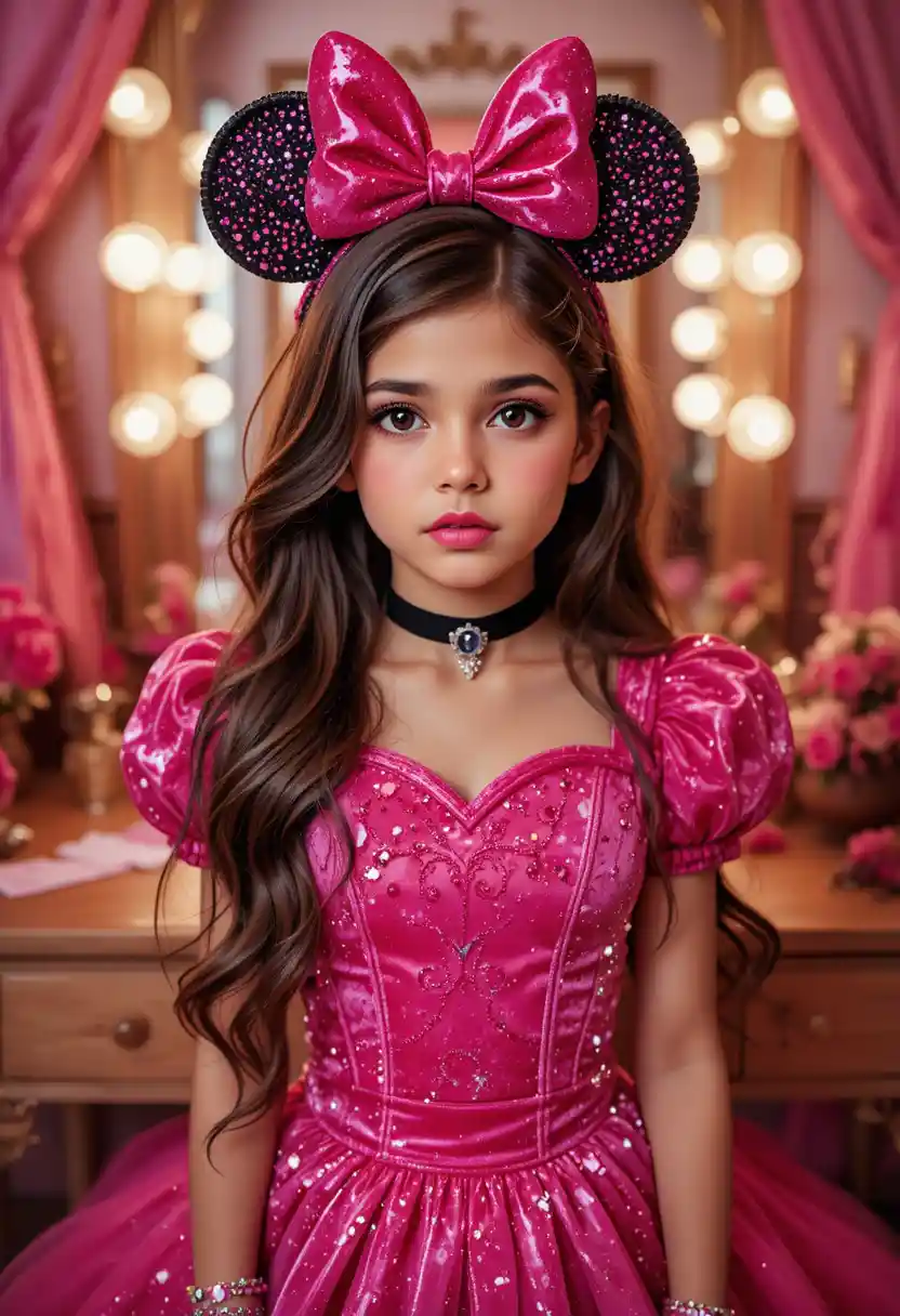 A tween boy pouts before a vanity in a princess mouse costume