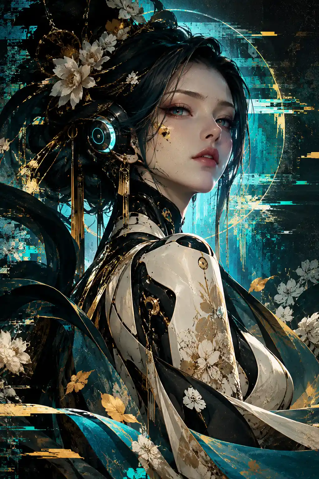 Una figura robot glitchcore con viso e corpo illuminati delicatamente