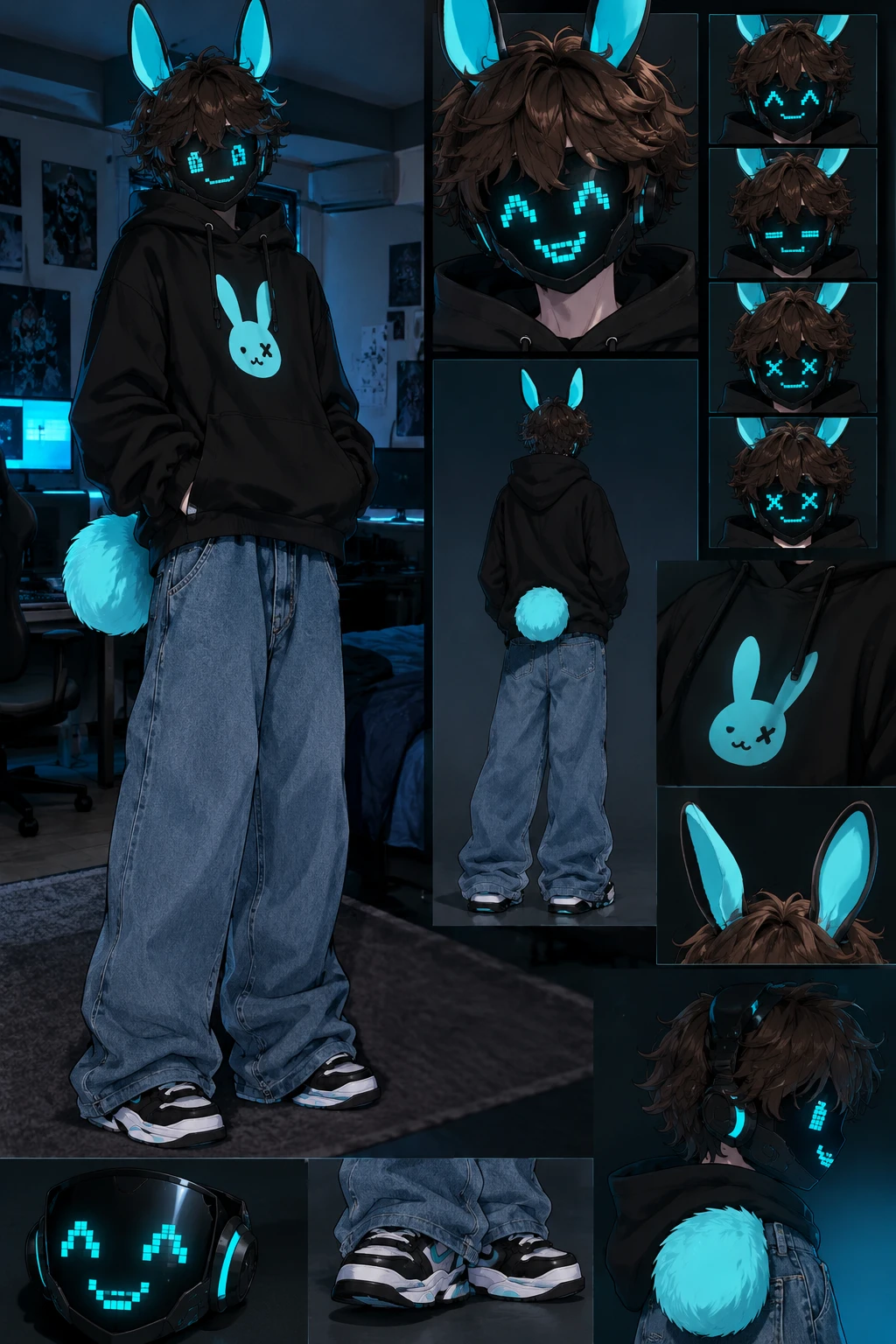 Vtuber adolescente con máscara pixelada cian y orejas de conejo