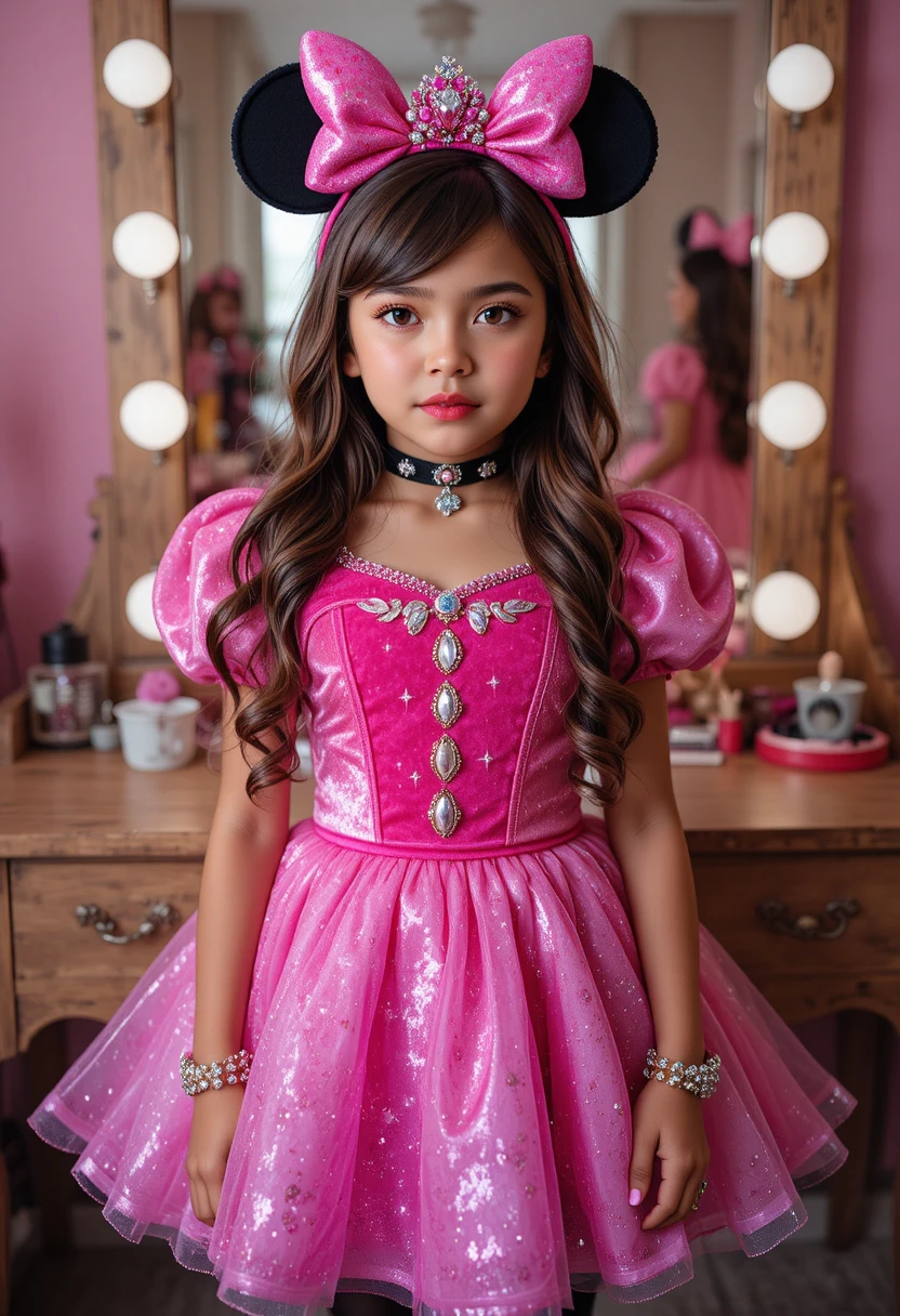 A nervous tween boy pouts before a vanity in a Minnie Mouse costume