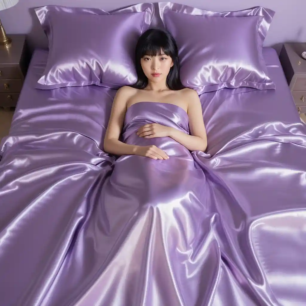 A Japanese Woman Reclines on Shimmering Satin Bedding