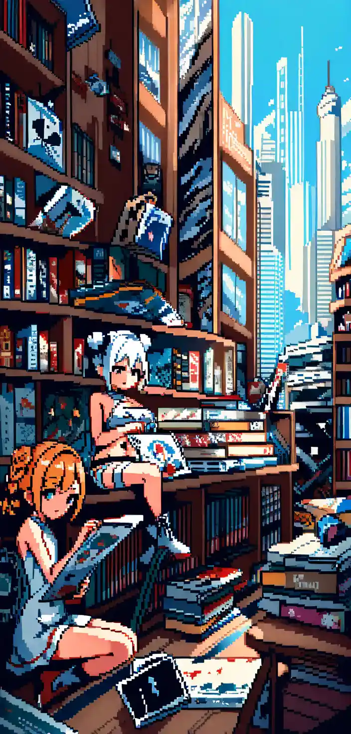 A pixel art girl chooses a book and scroll in a library