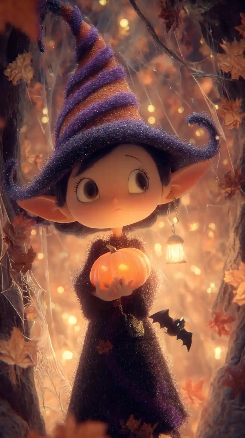 Una bruja encantadora sostiene una calabaza de Halloween iluminada en un bosque mágico