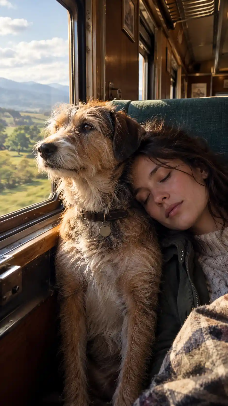 Un perro rescatado contempla el campo junto a su compañero humano dormido