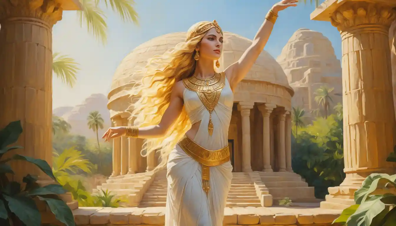 Uma dançarina de templo mesopotâmica posa com elegância em um paraíso banhado pelo sol