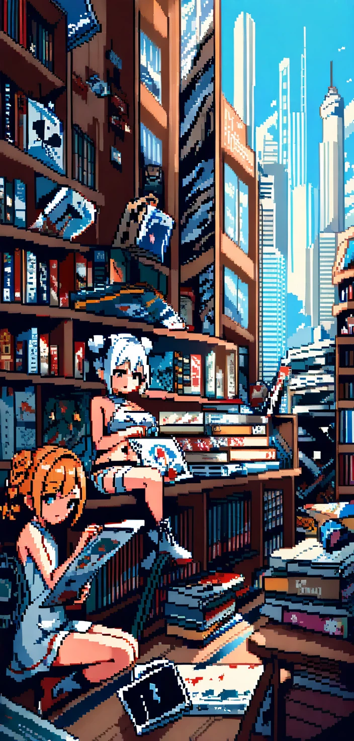 Una chica de pixel art elige un libro y un pergamino en una biblioteca