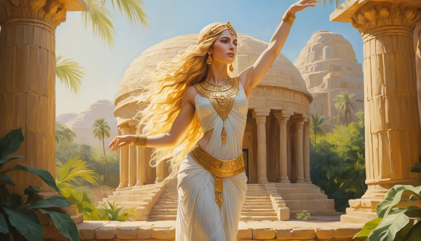 Uma dançarina de templo mesopotâmica posa com elegância em um paraíso banhado pelo sol