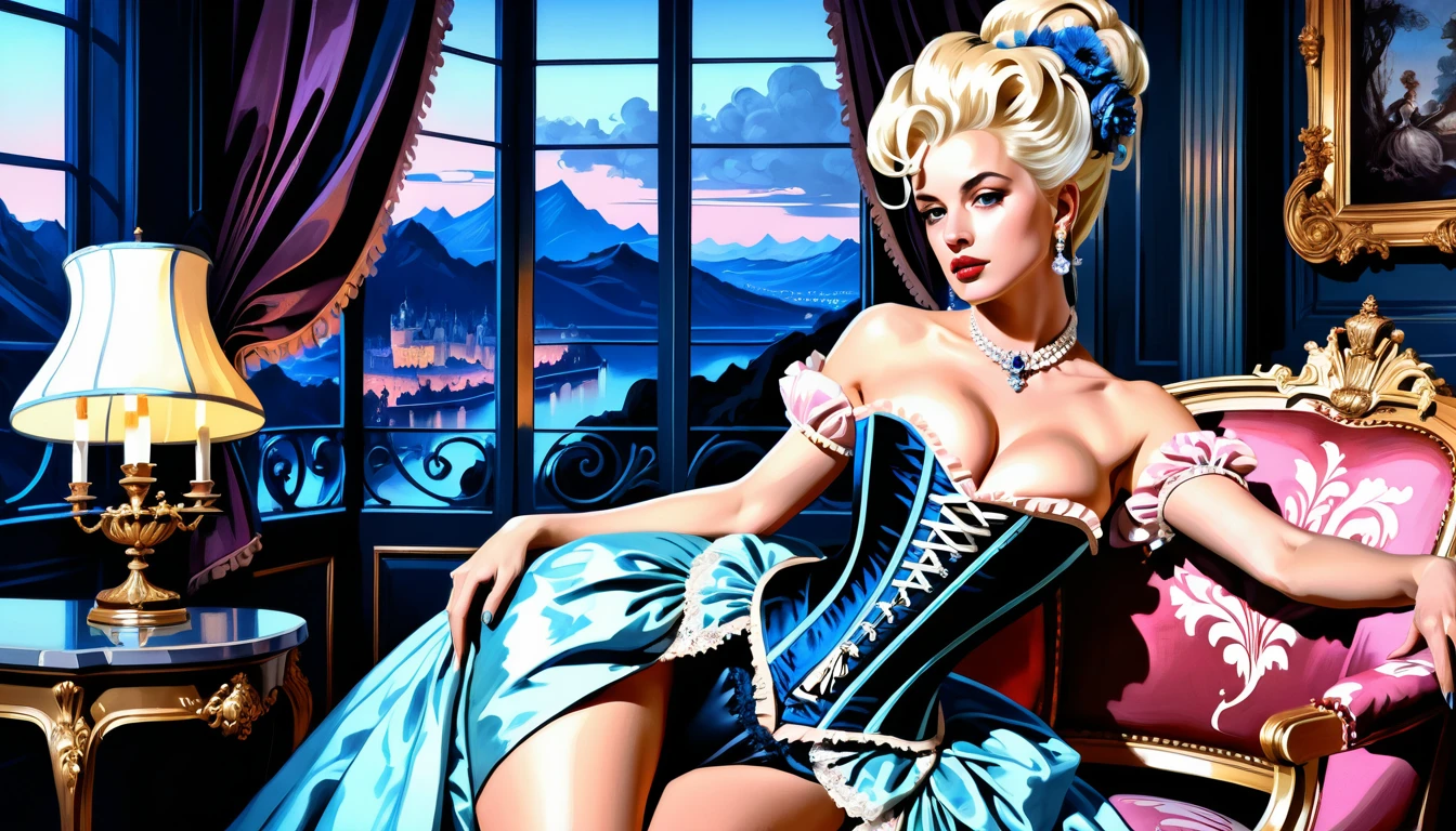 Eine blonde Frau im Korsett in einem Rokoko-Boudoir