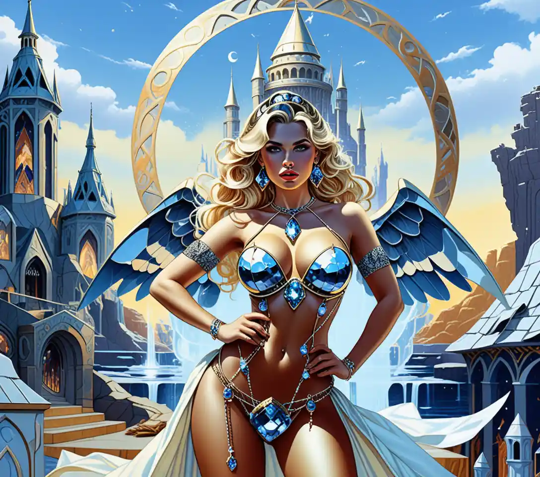 A platinum blonde sorceress poses in a mystical crystal cave