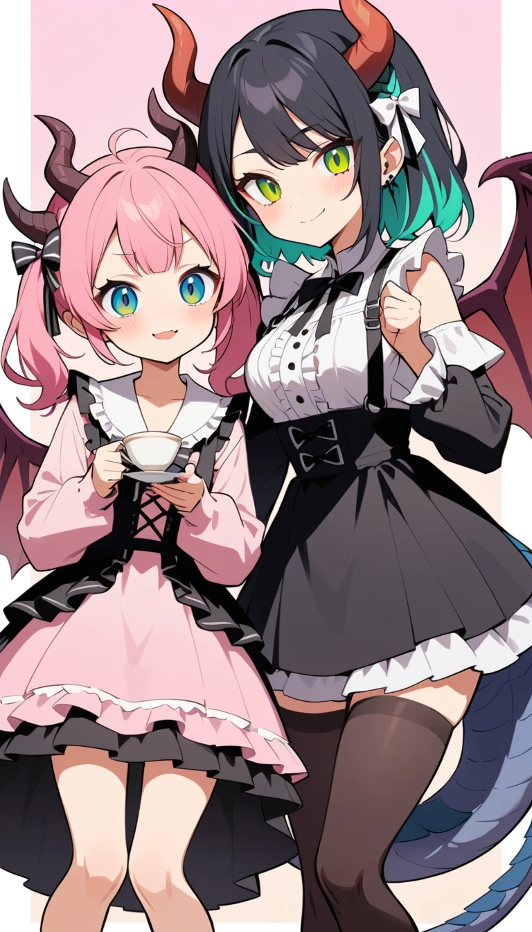 A dragon girl with colorful pigtails, layered ruffles, and a stuffed animal