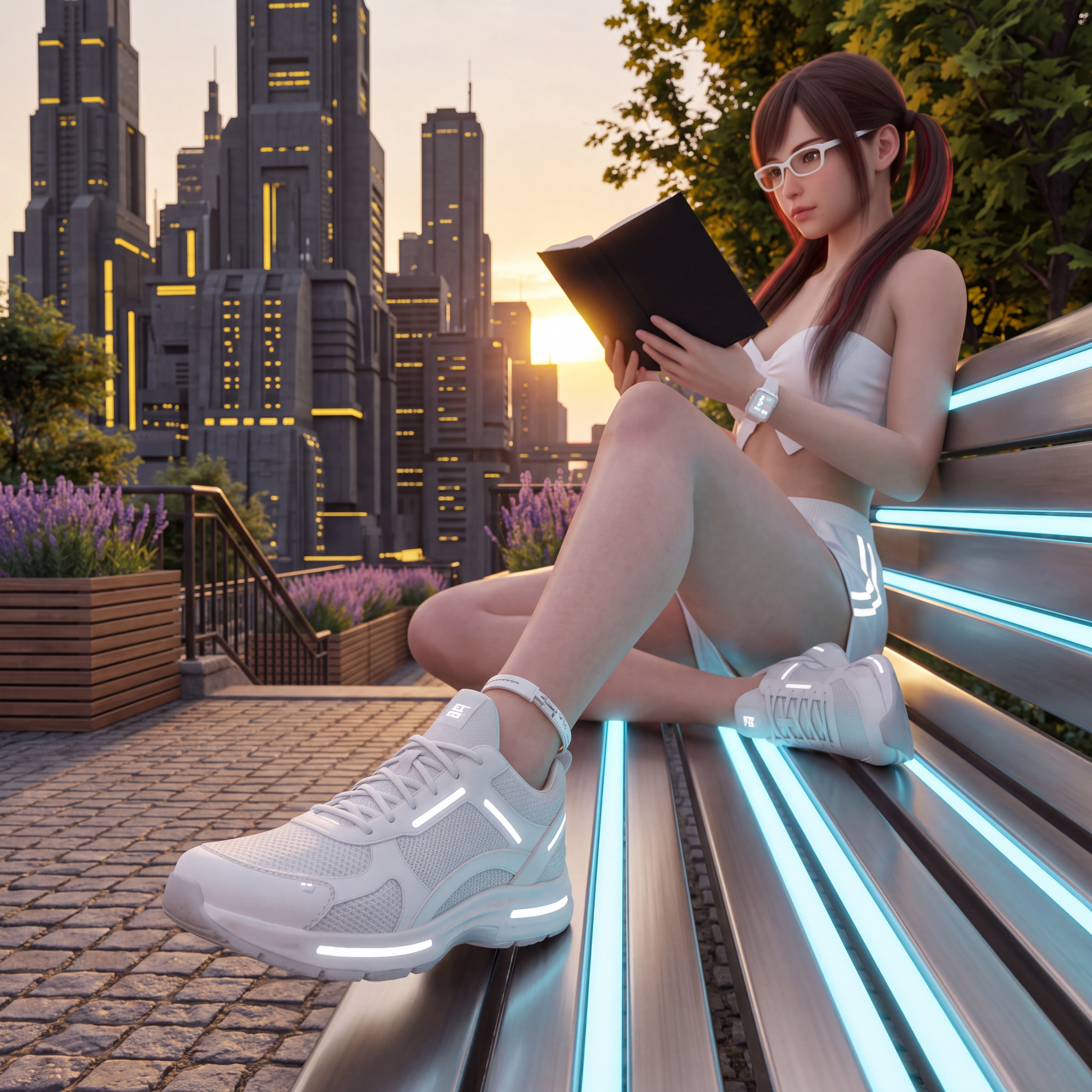 A young woman reads on a bench above stairs in a futuristic city