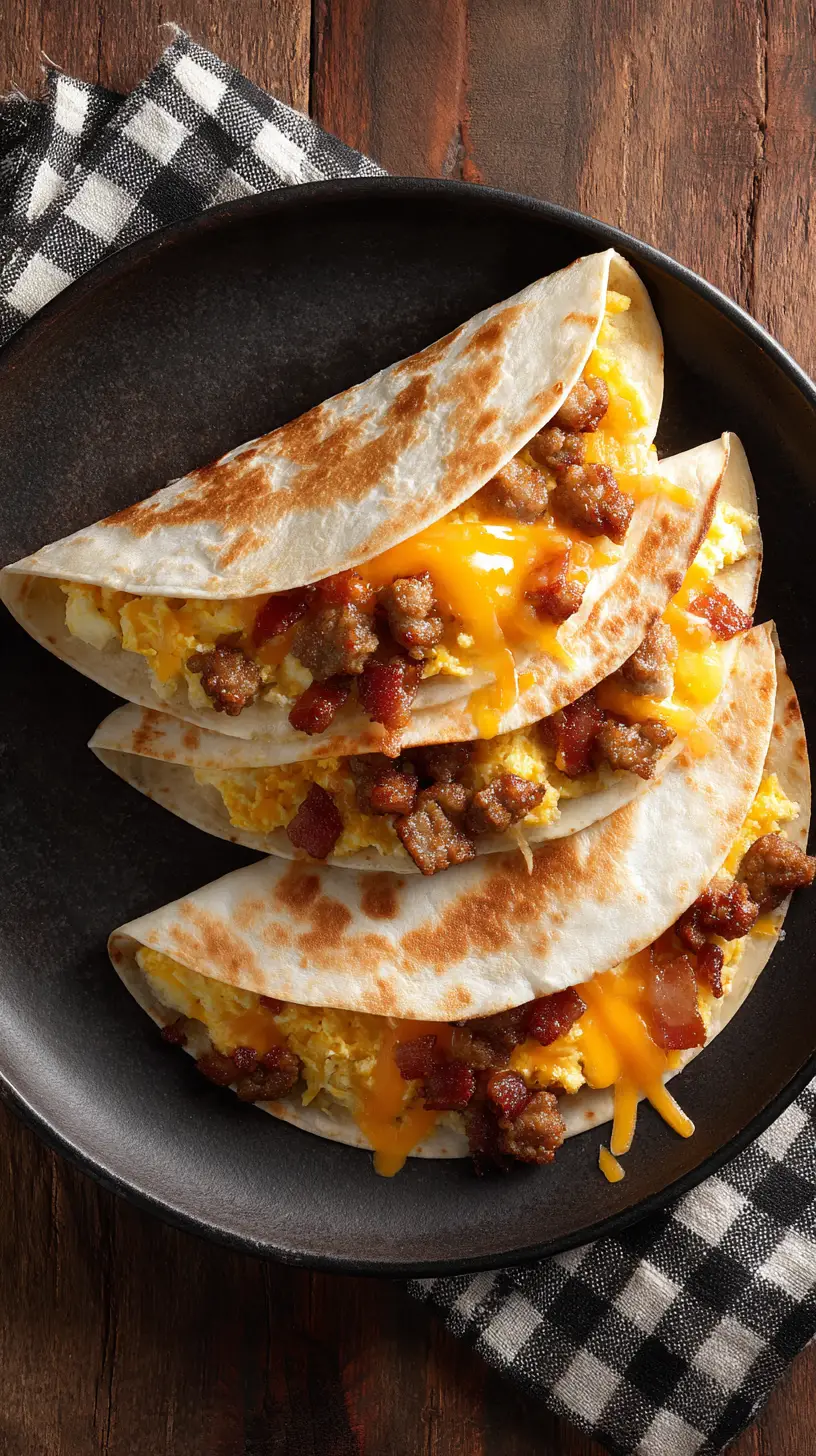卵、チーズ、ソーセージ、ベーコン入りのカリカリ朝食ケサディーヤ