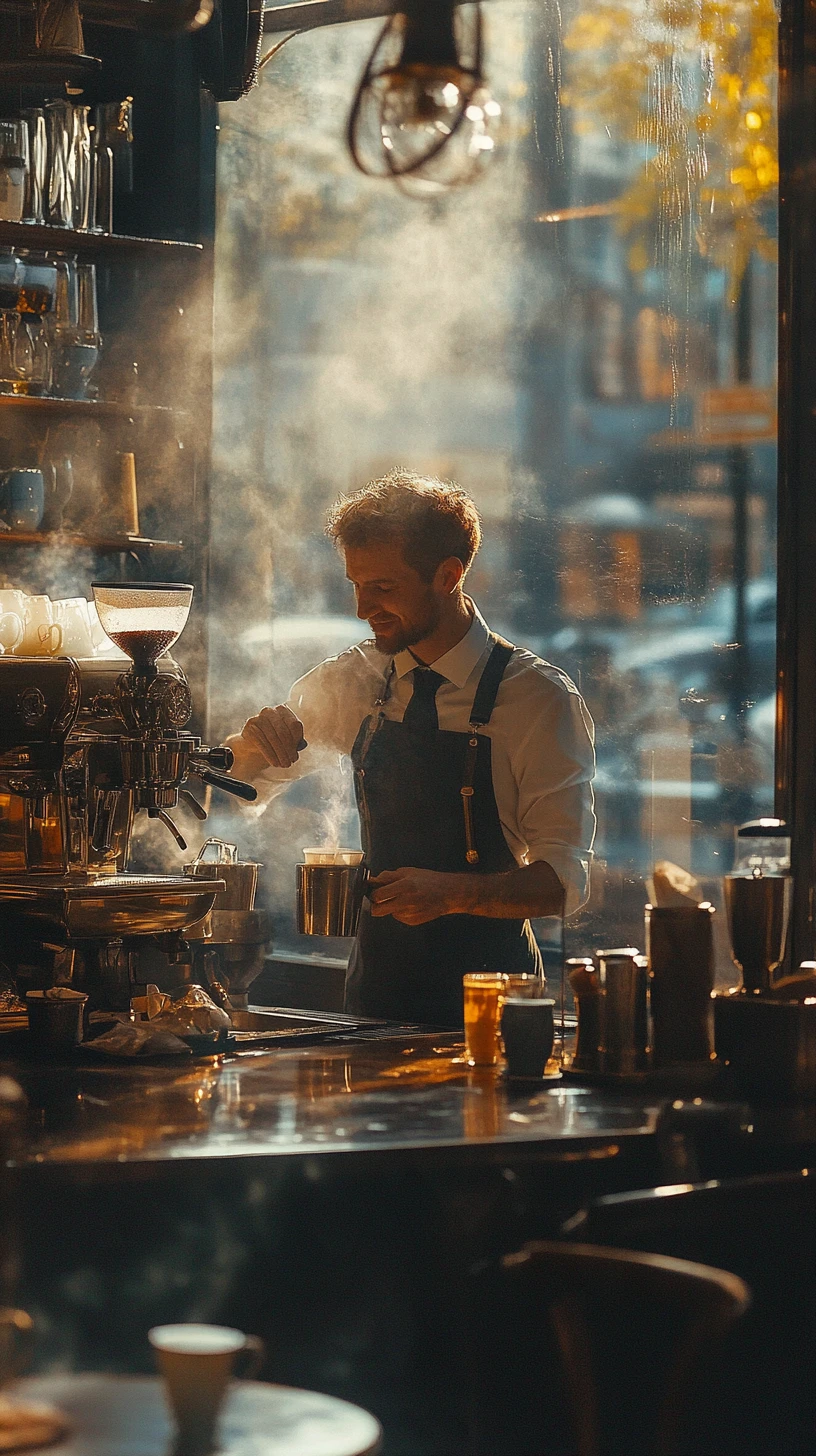 A barista prepares coffee inside a vintage coffee shop