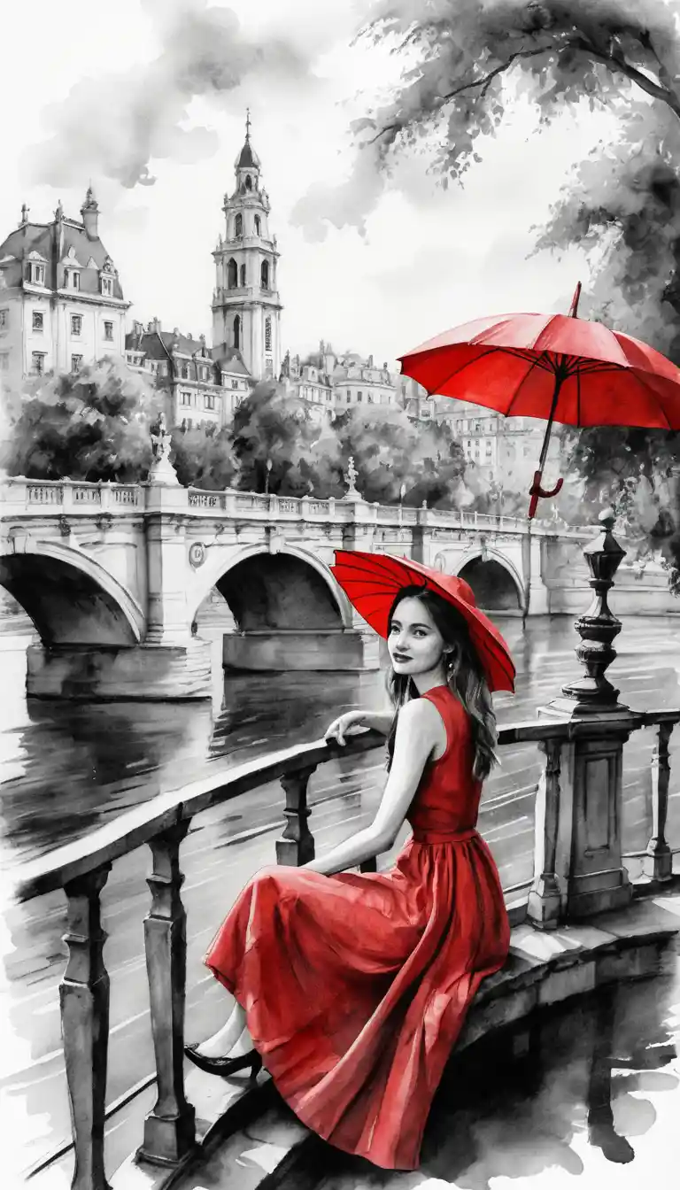 Una donna con un vestito rosso è seduta sotto un ombrello accanto a un ponte storico