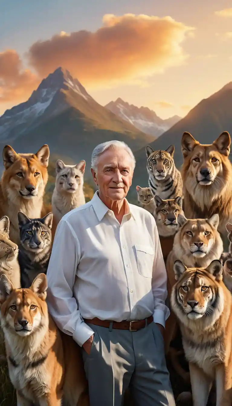 An elderly man stands among resting animals beneath a glowing mountain sunset