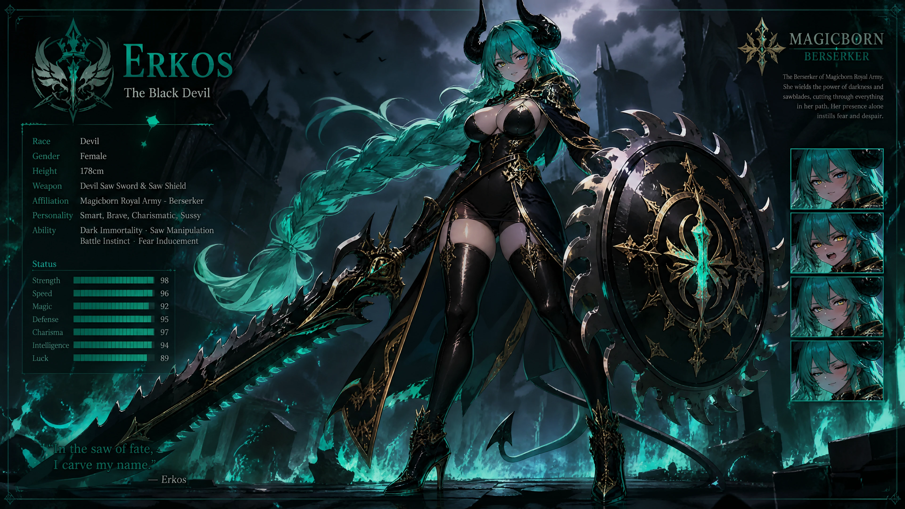 A Horned Fantasy Woman With Cyan Green Braids and a Devil Tail