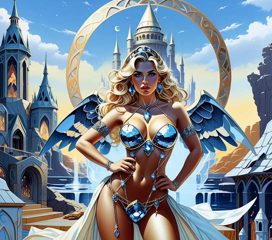 A platinum blonde sorceress poses in a mystical crystal cave