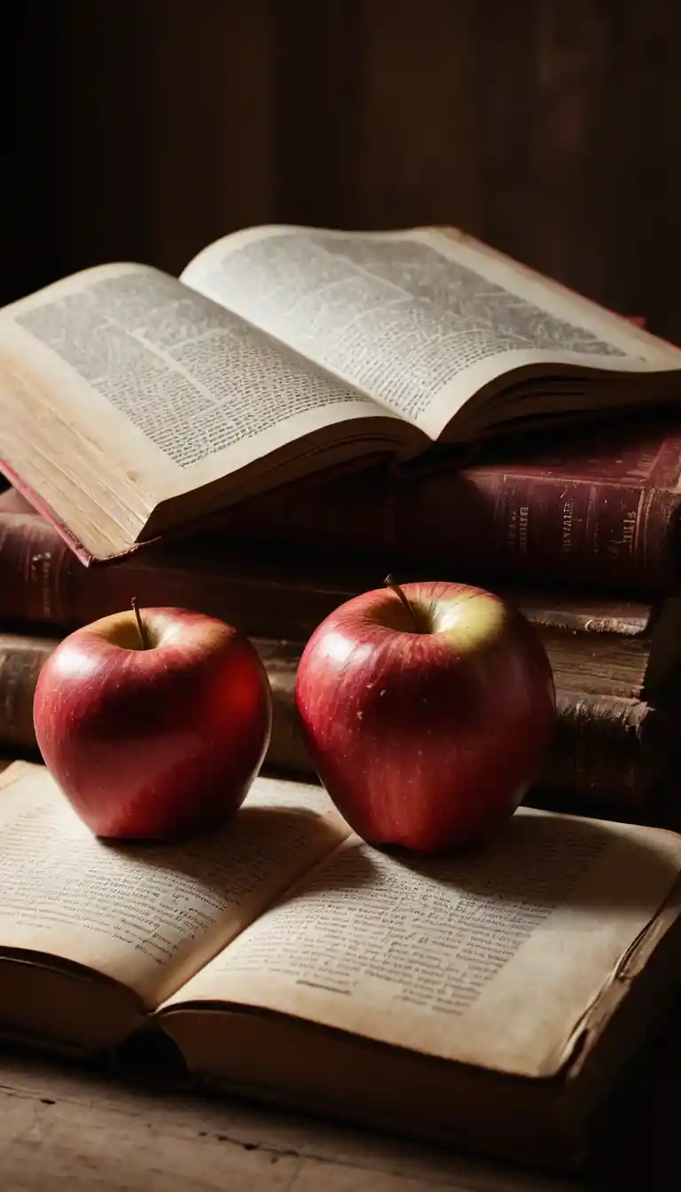 A red apple rests across the open pages of a vintage book