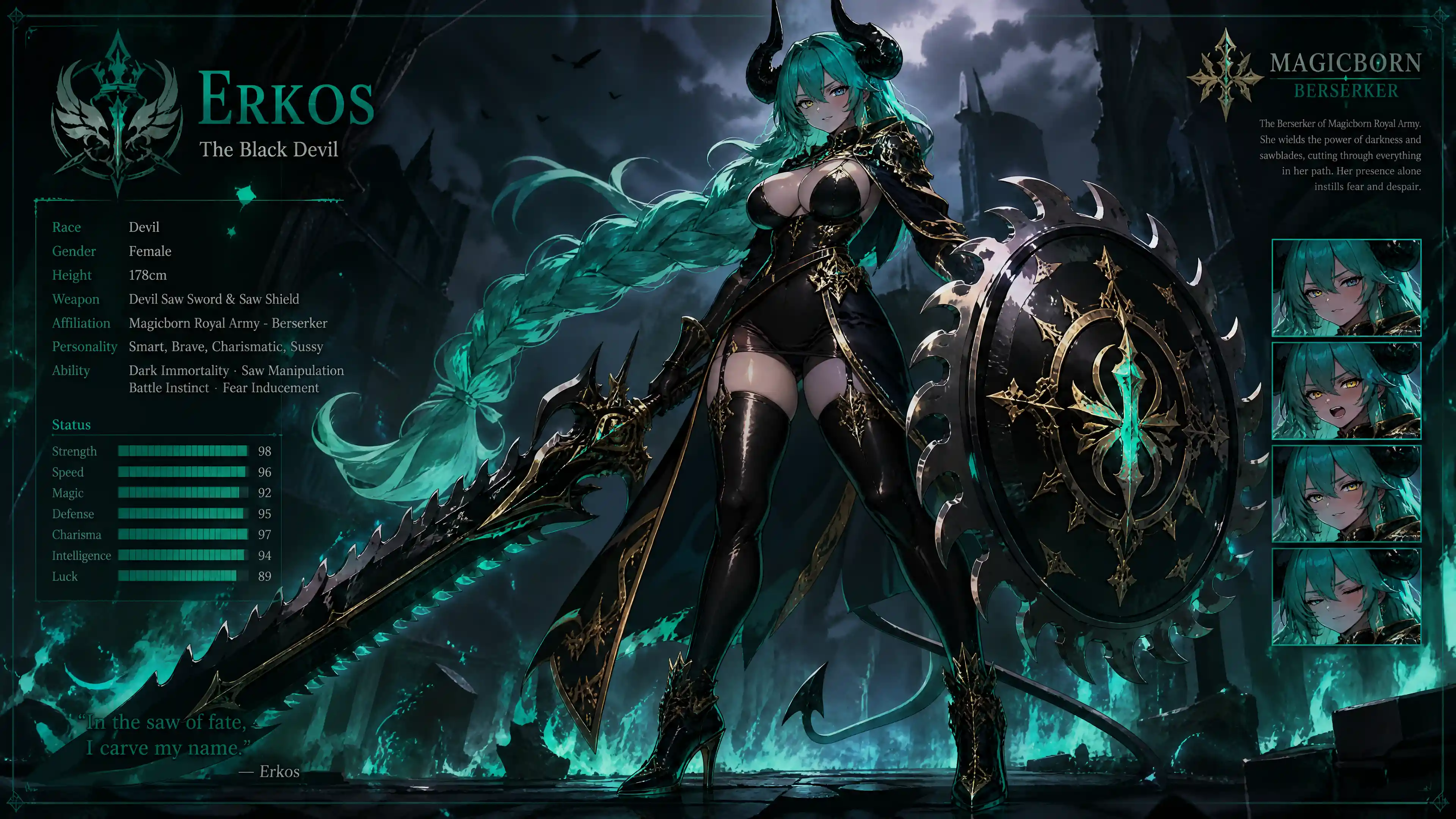 A Horned Fantasy Woman With Cyan Green Braids and a Devil Tail