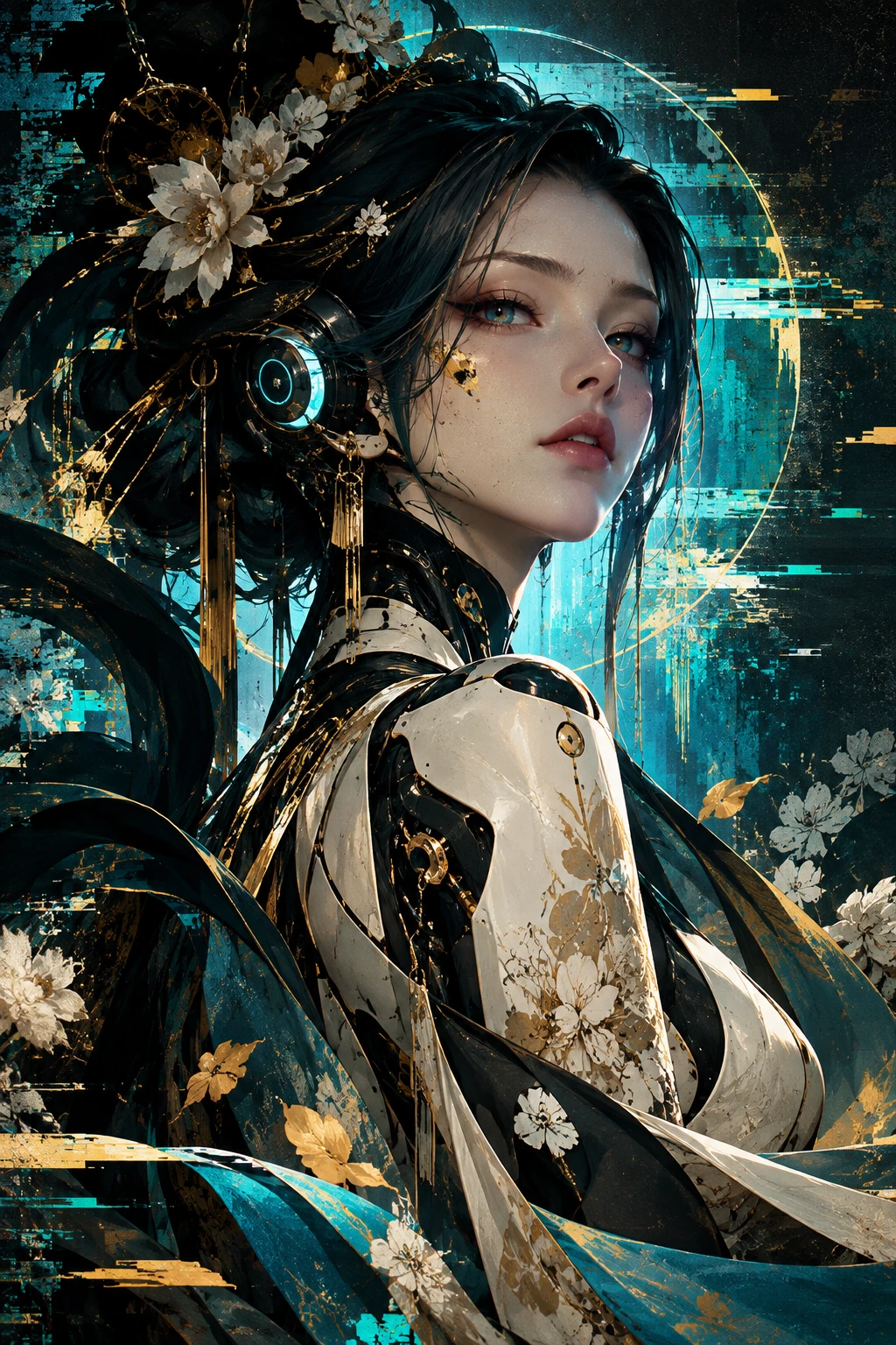 Una figura robot glitchcore con viso e corpo illuminati delicatamente