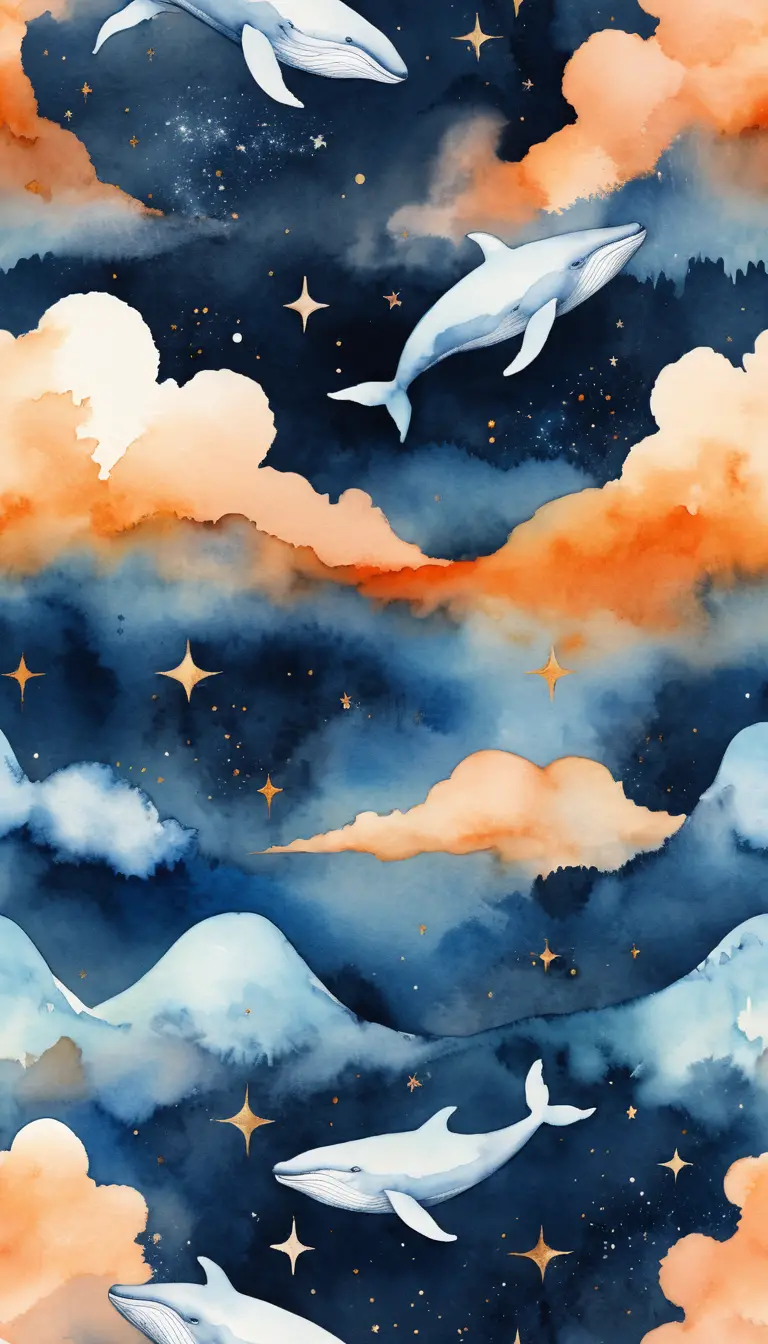 A Massive Whale Against a Dreamlike Sky Blending Clouds and Stars