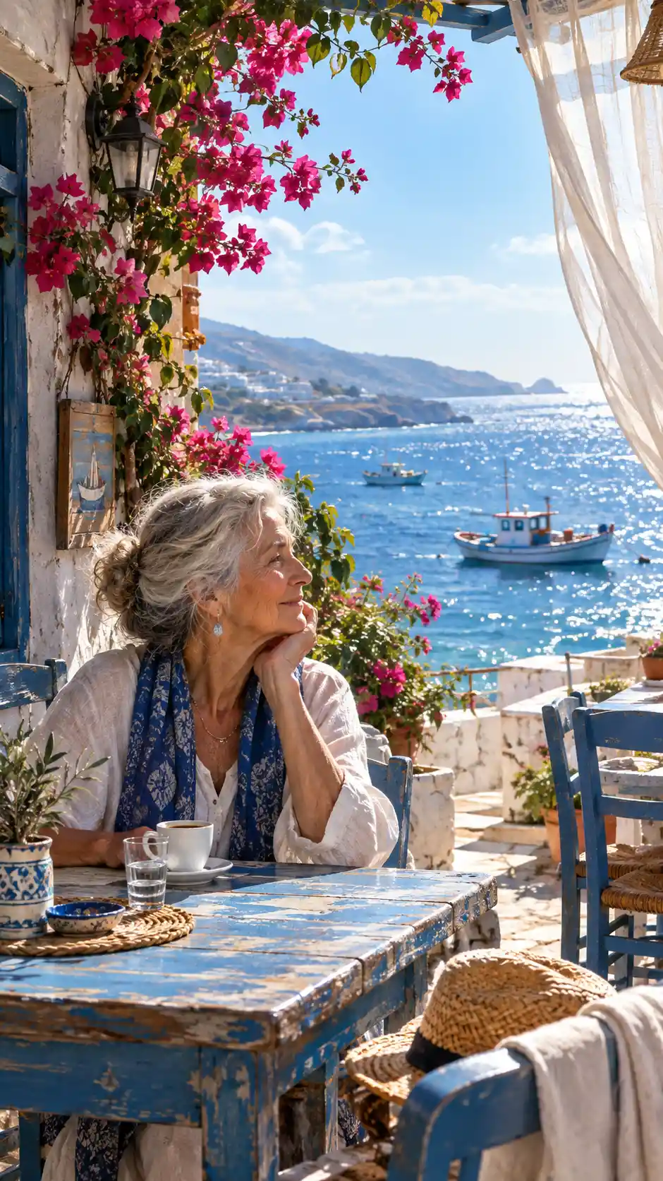 An elderly woman enjoying coffee at a seaside café