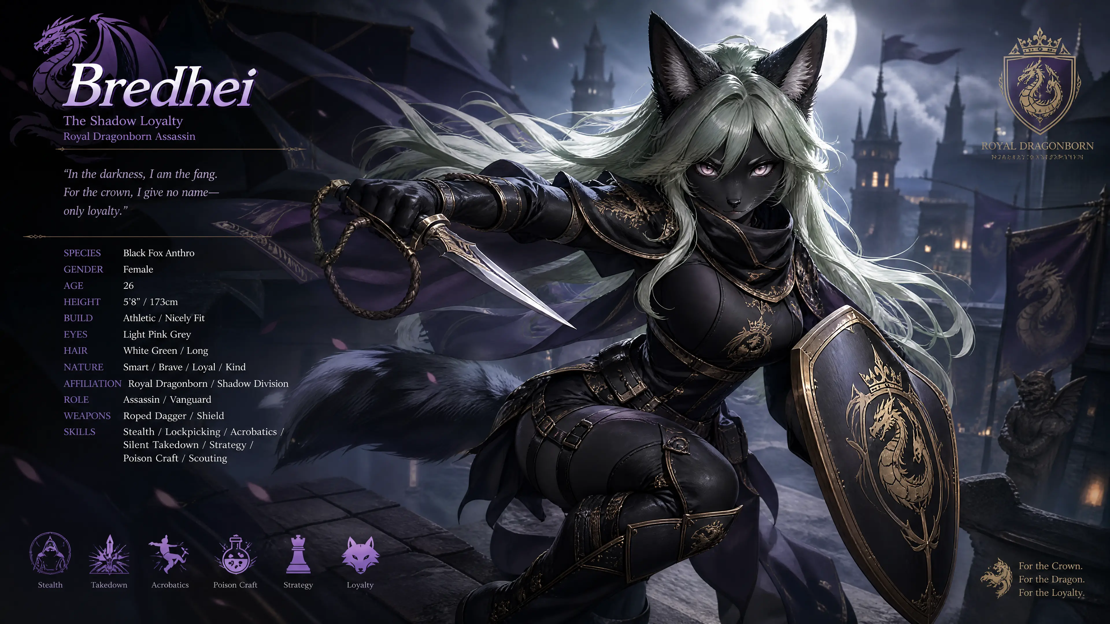 A black anthropomorphic fox in an assassin uniform with a dagger and shield