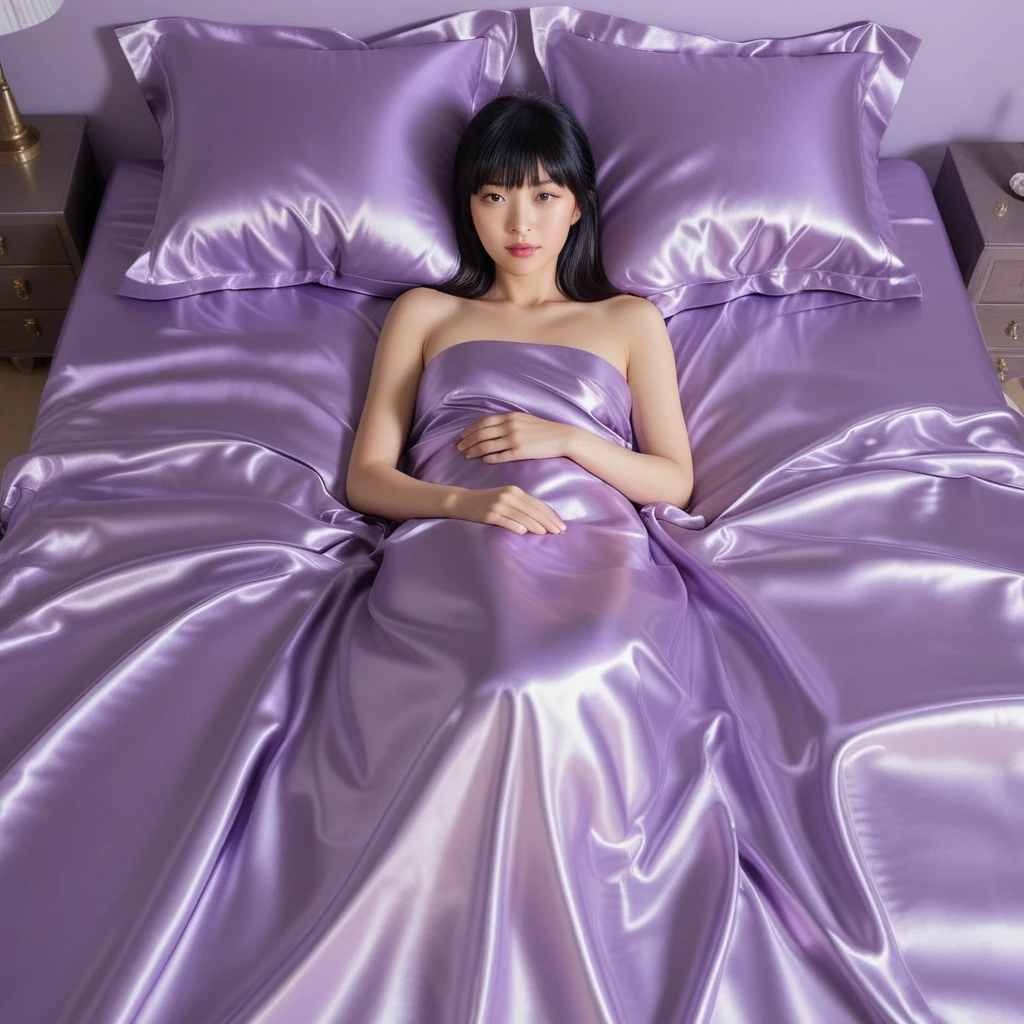 Una mujer japonesa recostada sobre ropa de cama de satén brillante