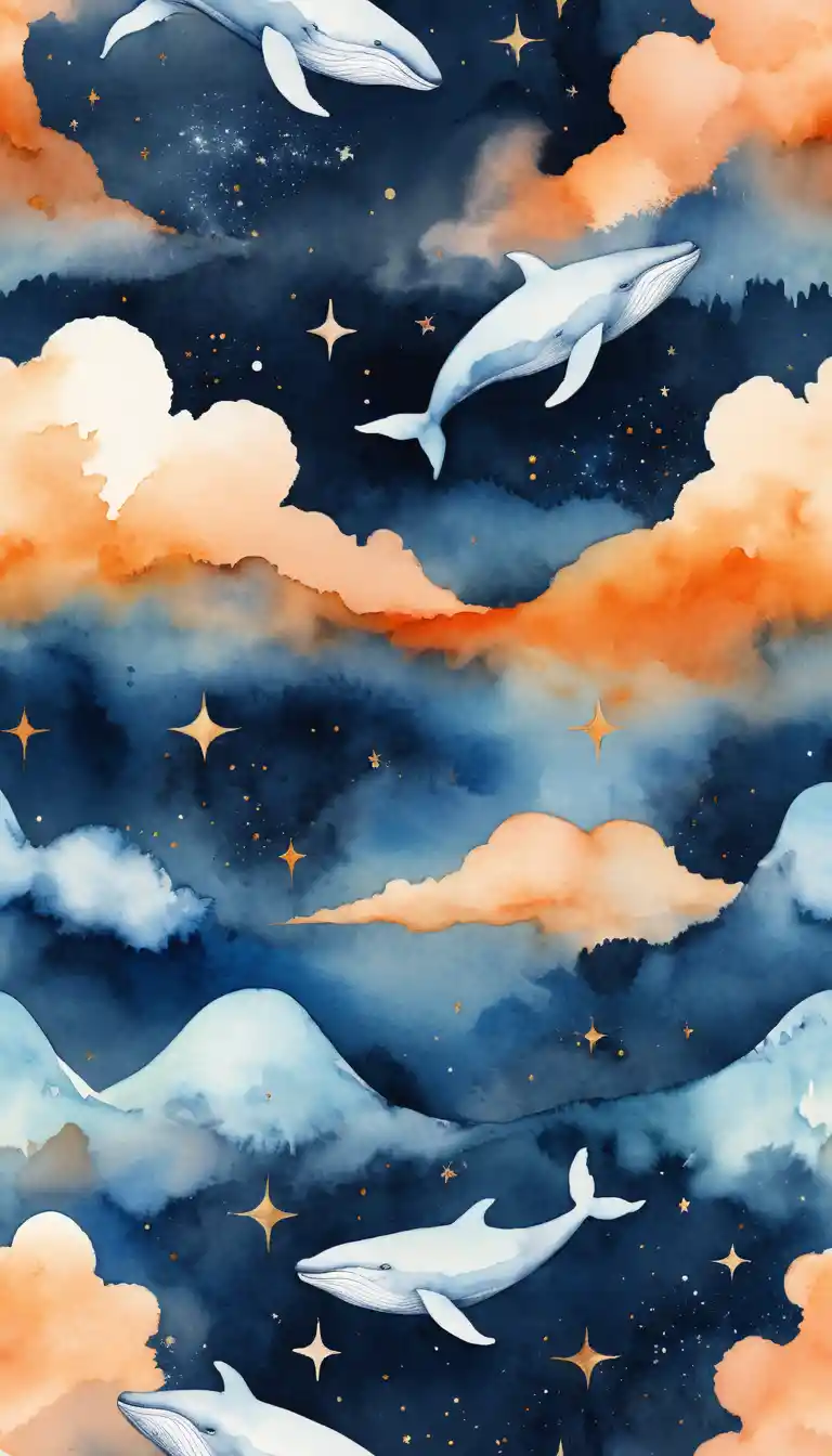 Una enorme ballena bajo un cielo de ensueño donde se funden nubes y estrellas