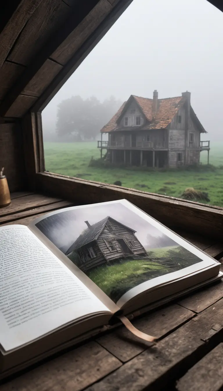 A close-up sketchbook reveals a rainy landscape in an attic