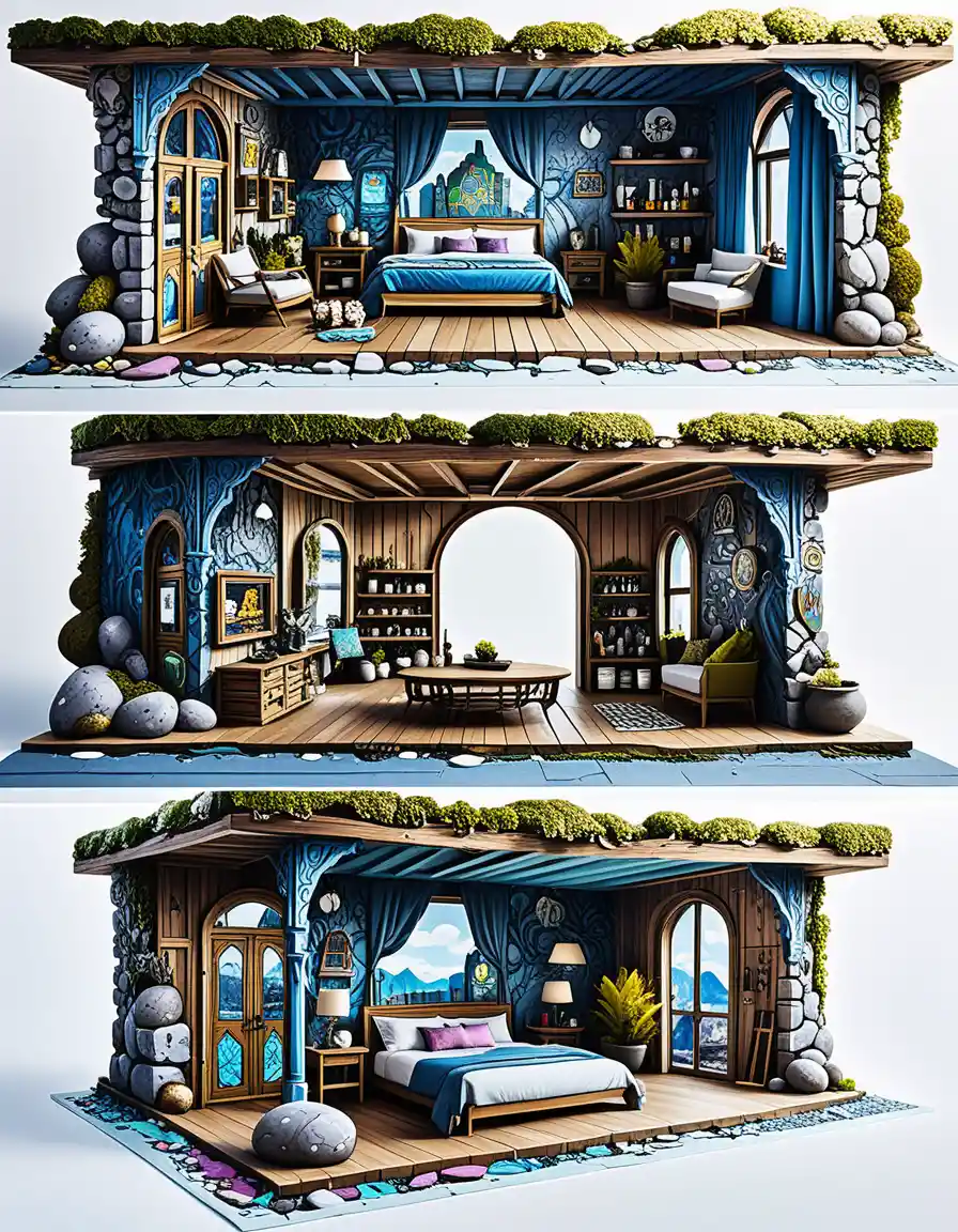 A furnished Greek cloud palace diorama with interior and exterior views