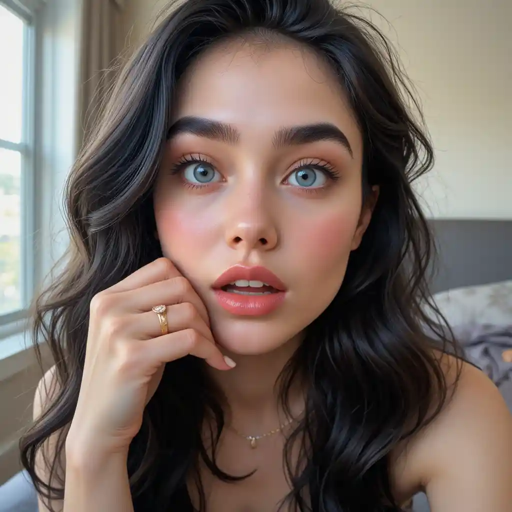 Joven de ojos azul claro posa para un selfie íntimo en primer plano