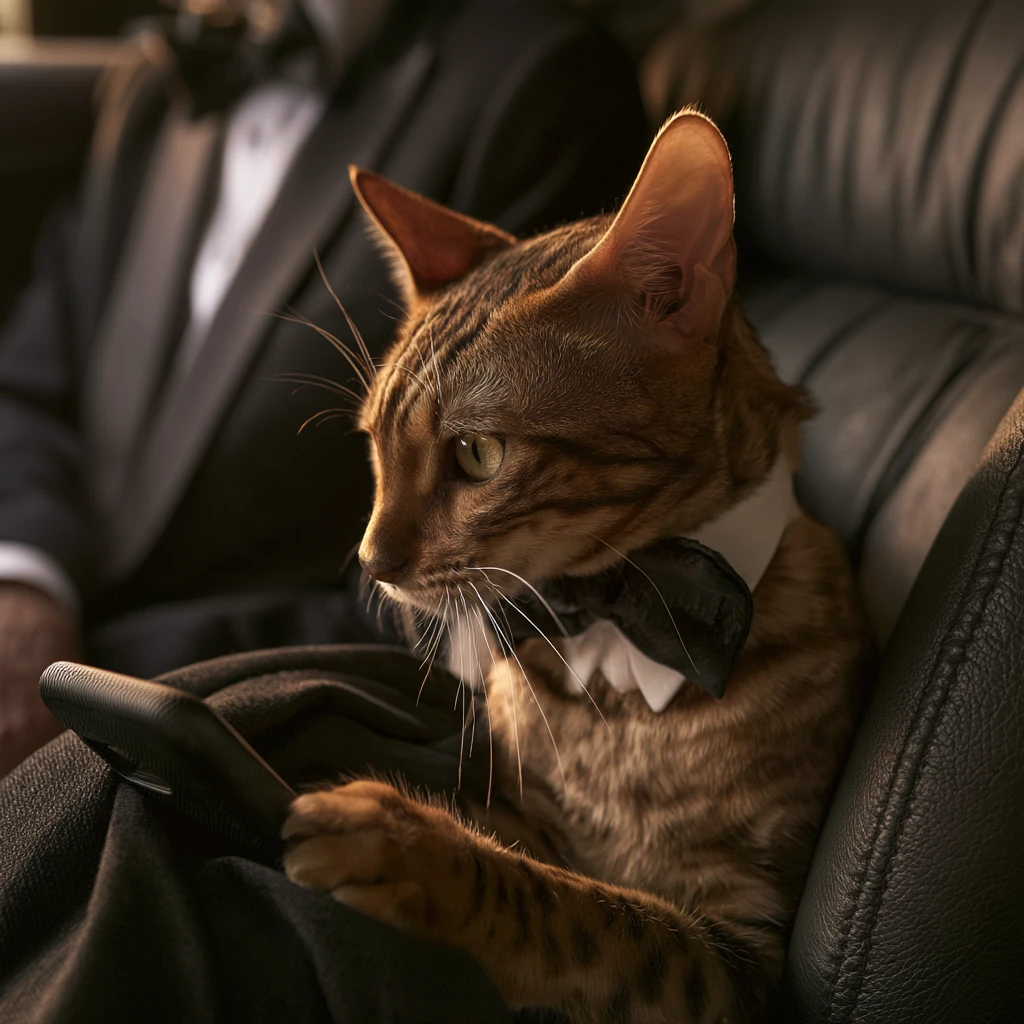 Un gato bengalí con esmoquin mira un teléfono dentro de una limusina