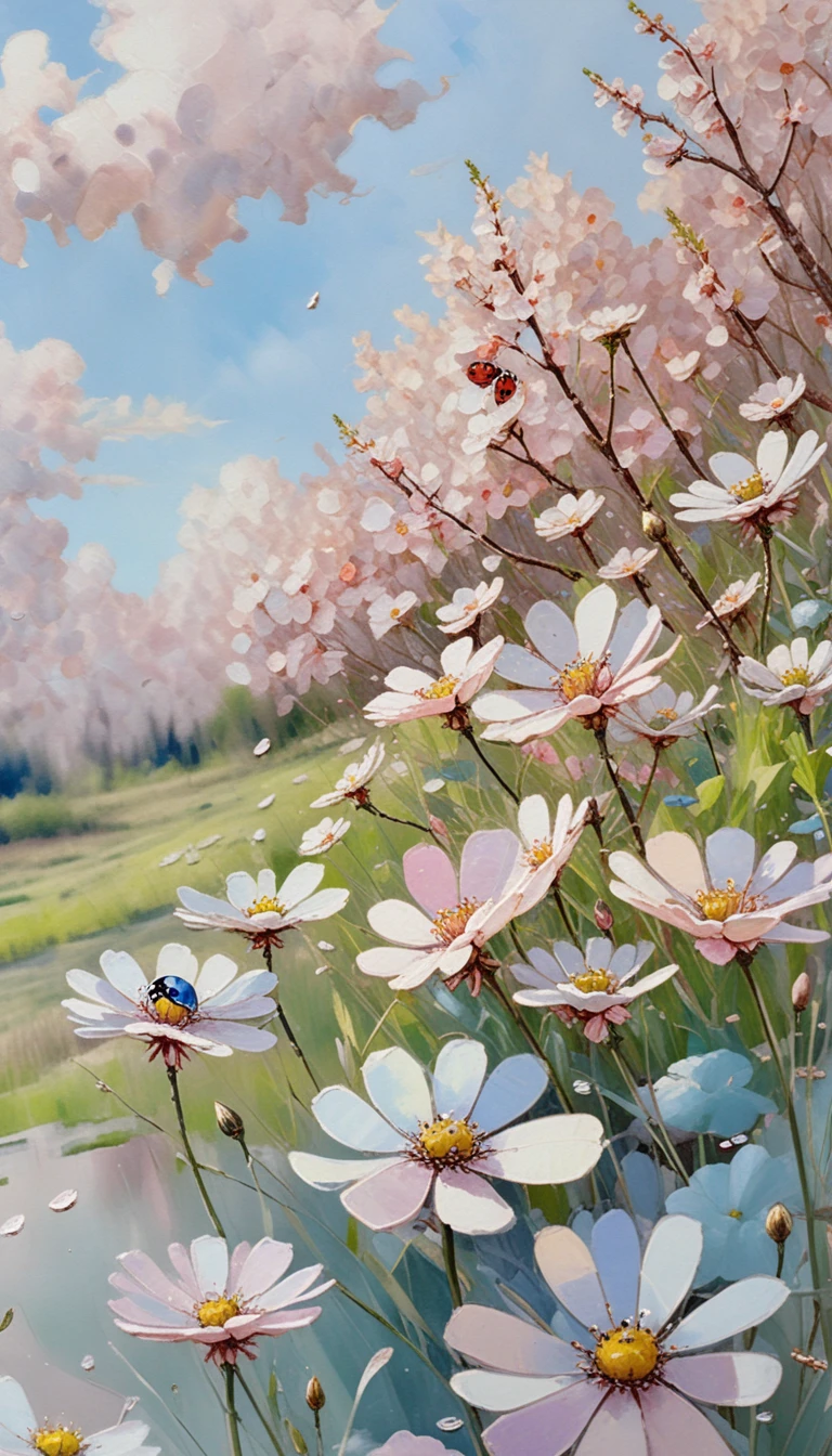 A Ladybug Among Dewy Wildflowers Beneath a Bright Spring Sky