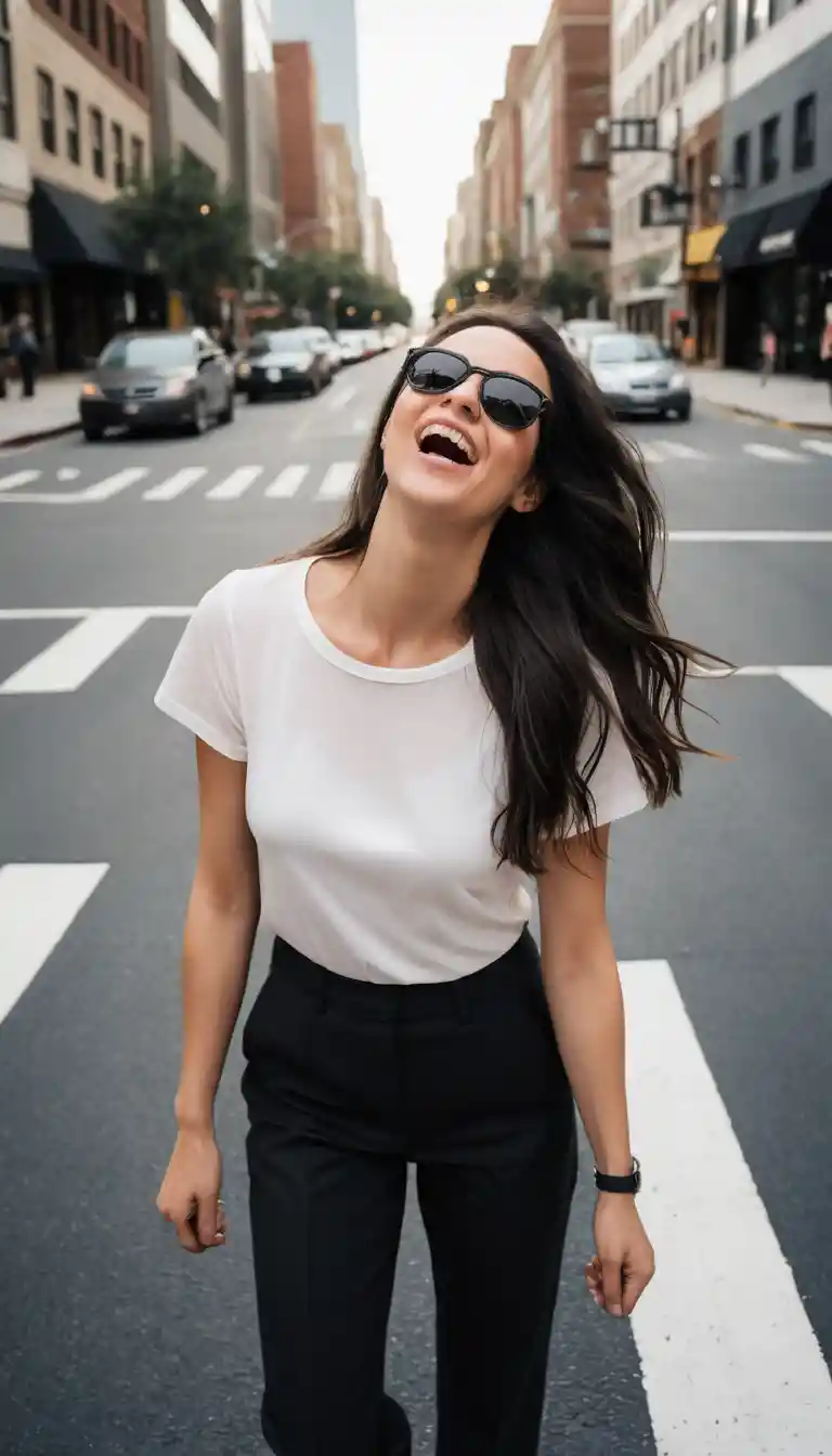 Young Woman Laughing on a City Crosswalk in Bright Sunlight