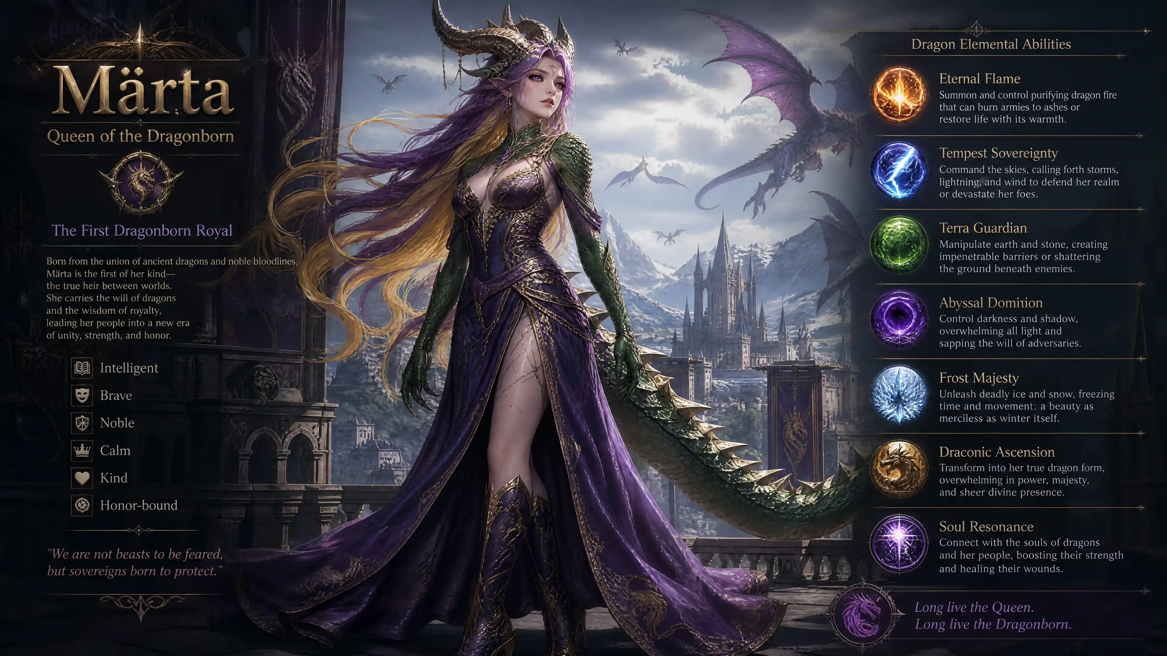 A dragonborn queen with curved horns, green arms, and a spiked tail