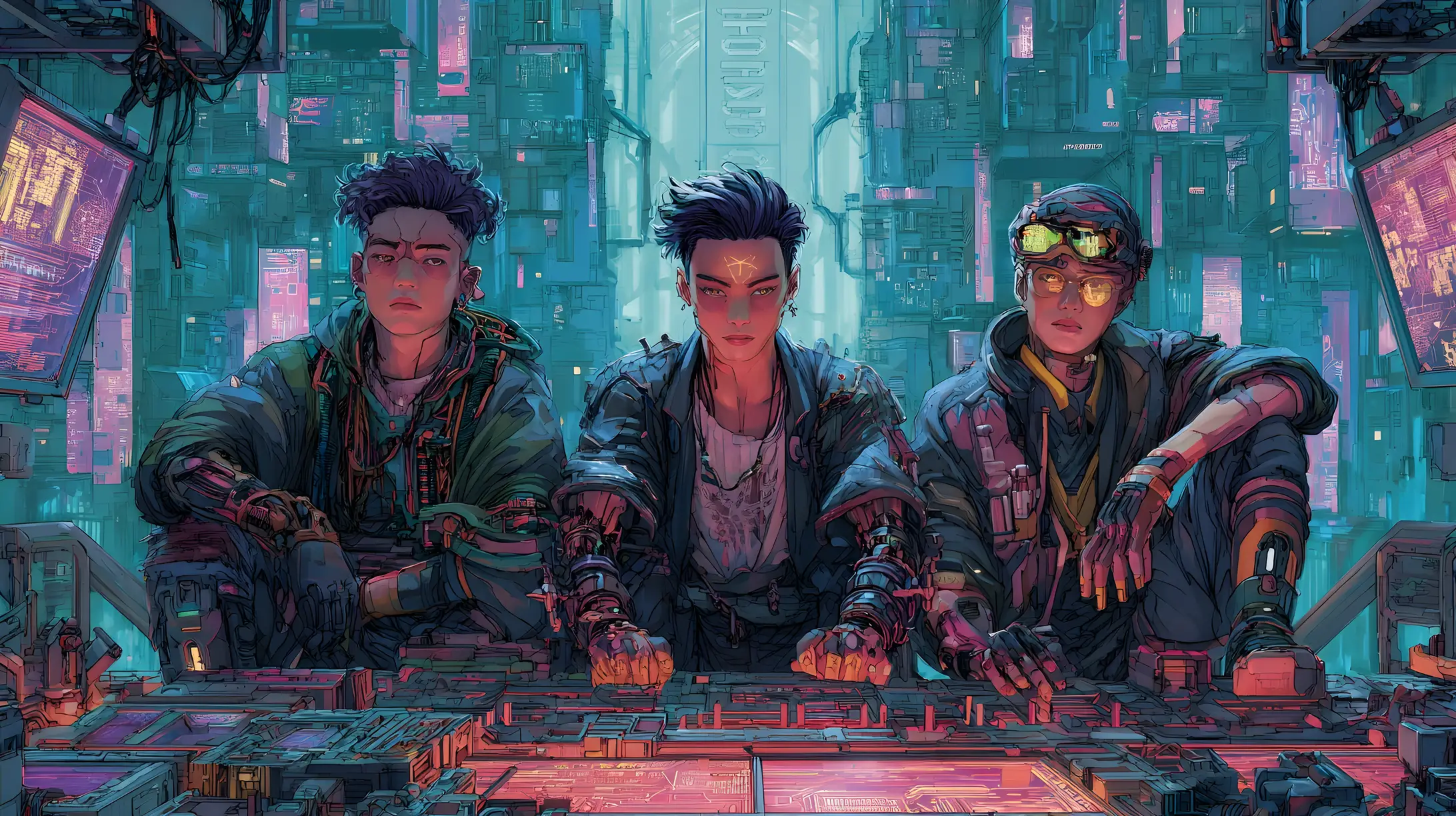 Tres hackers cibernéticos posan en un escondite futurista en un rascacielos
