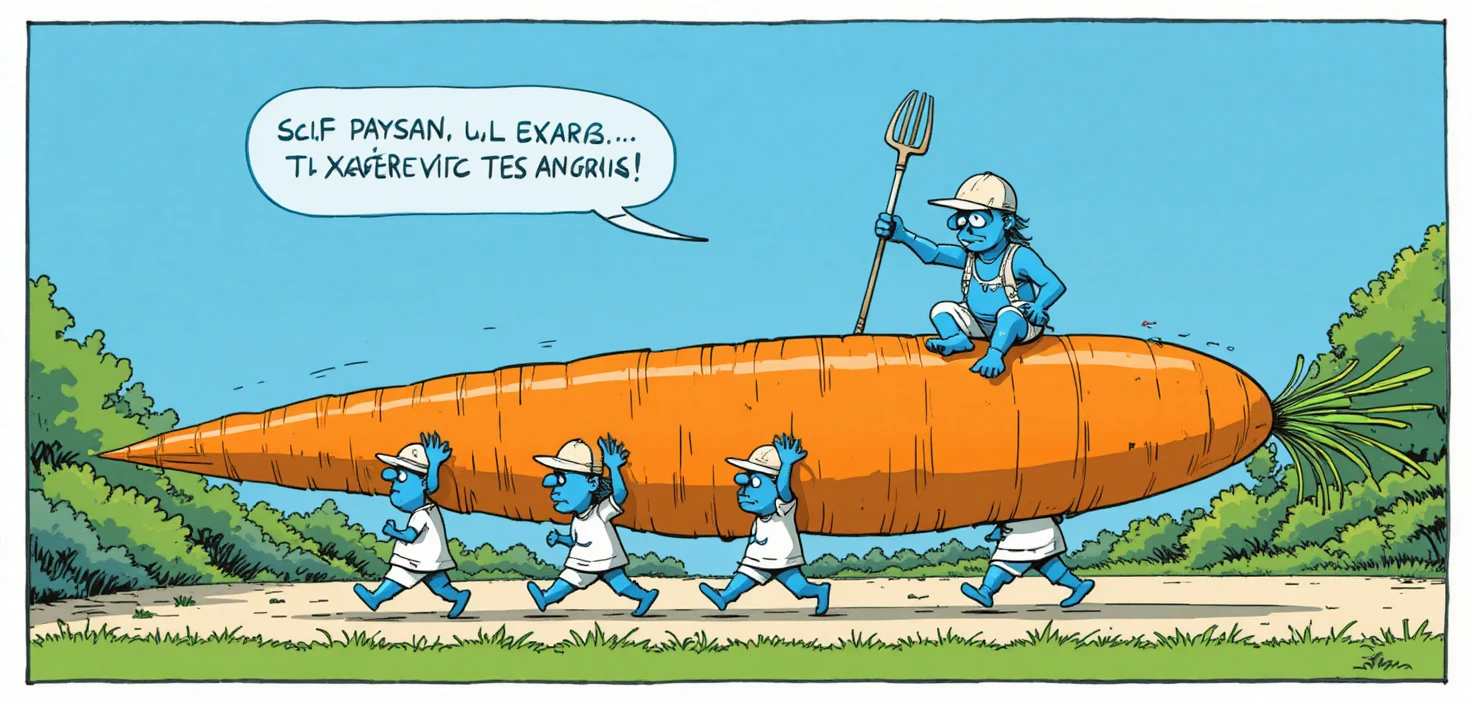 Blue comic characters carrying an oversized carrot along a garden path
