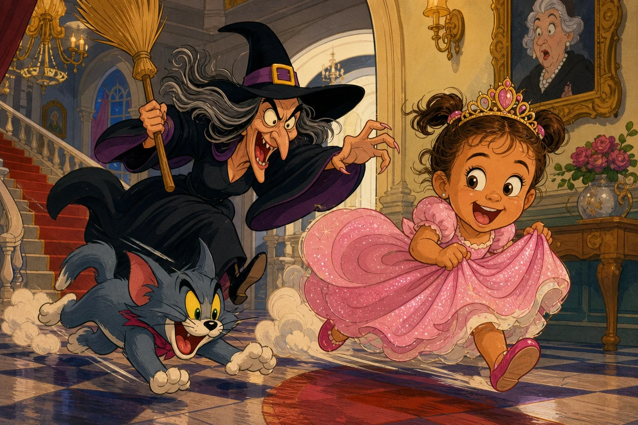 Una niña con un disfraz de princesa pasa corriendo junto a una bruja y un gato