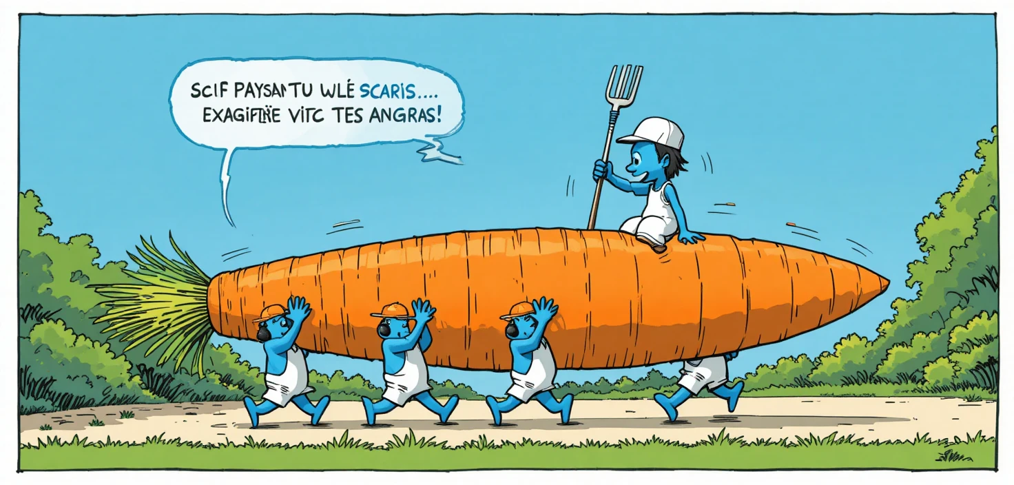 Personaggi blu dei fumetti trasportano un'enorme carota lungo un sentiero del giardino
