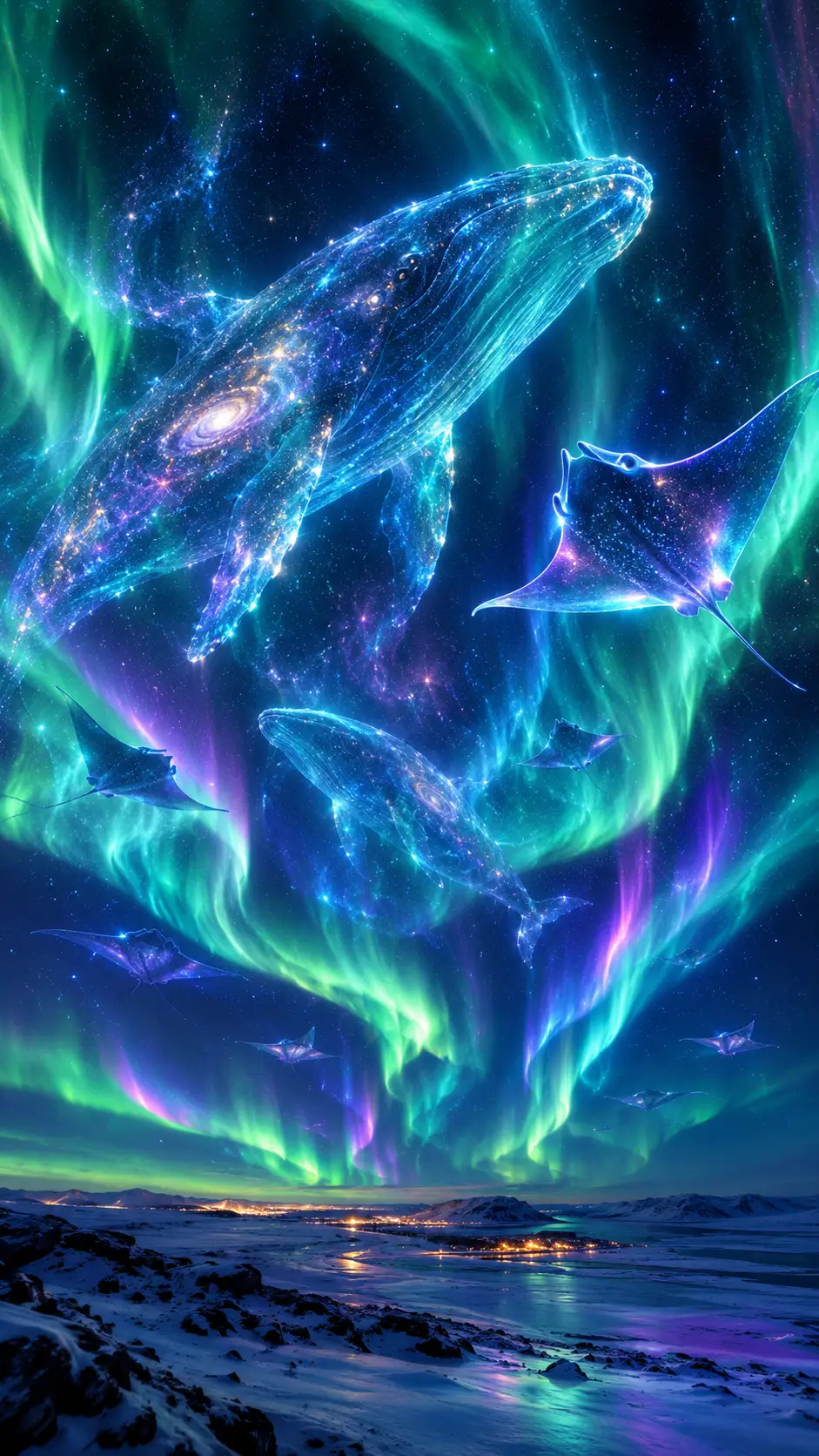 Astral Whales and Manta Rays Swim Through Flowing Northern Lights
