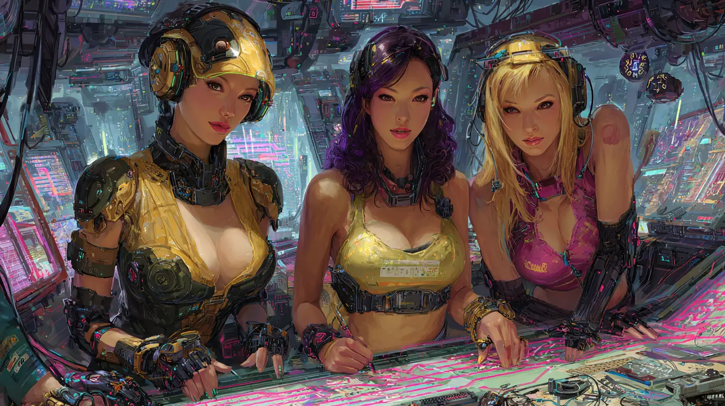 Three Asian women hackers pose inside a futuristic high-rise lair