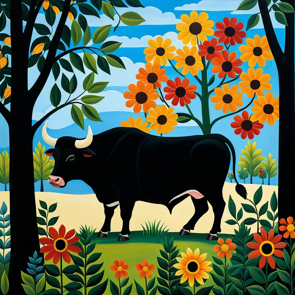 A Resting Bull Partially Hidden Among Large Flowers and Trees