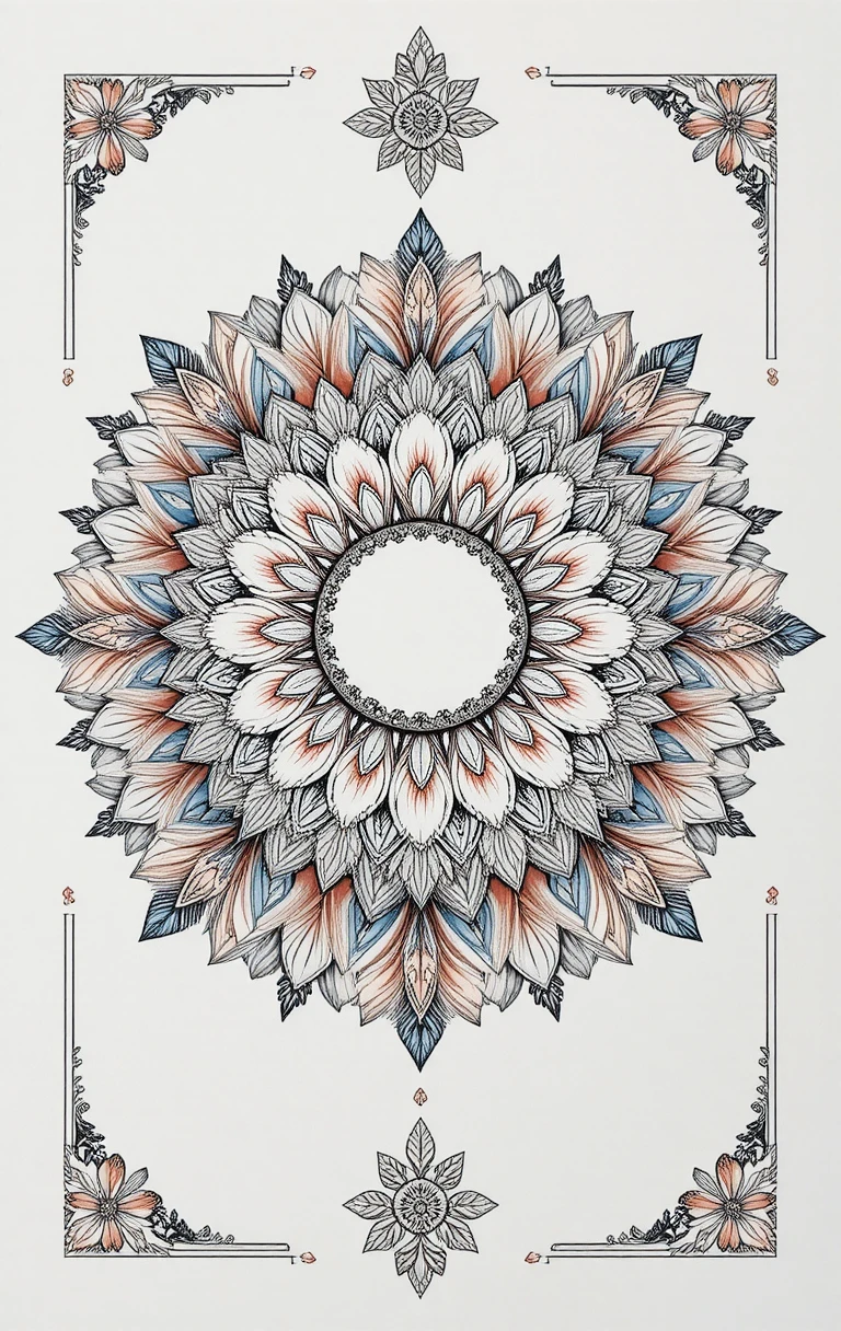 Un mandala floral simétrico llena el encuadre con pétalos superpuestos